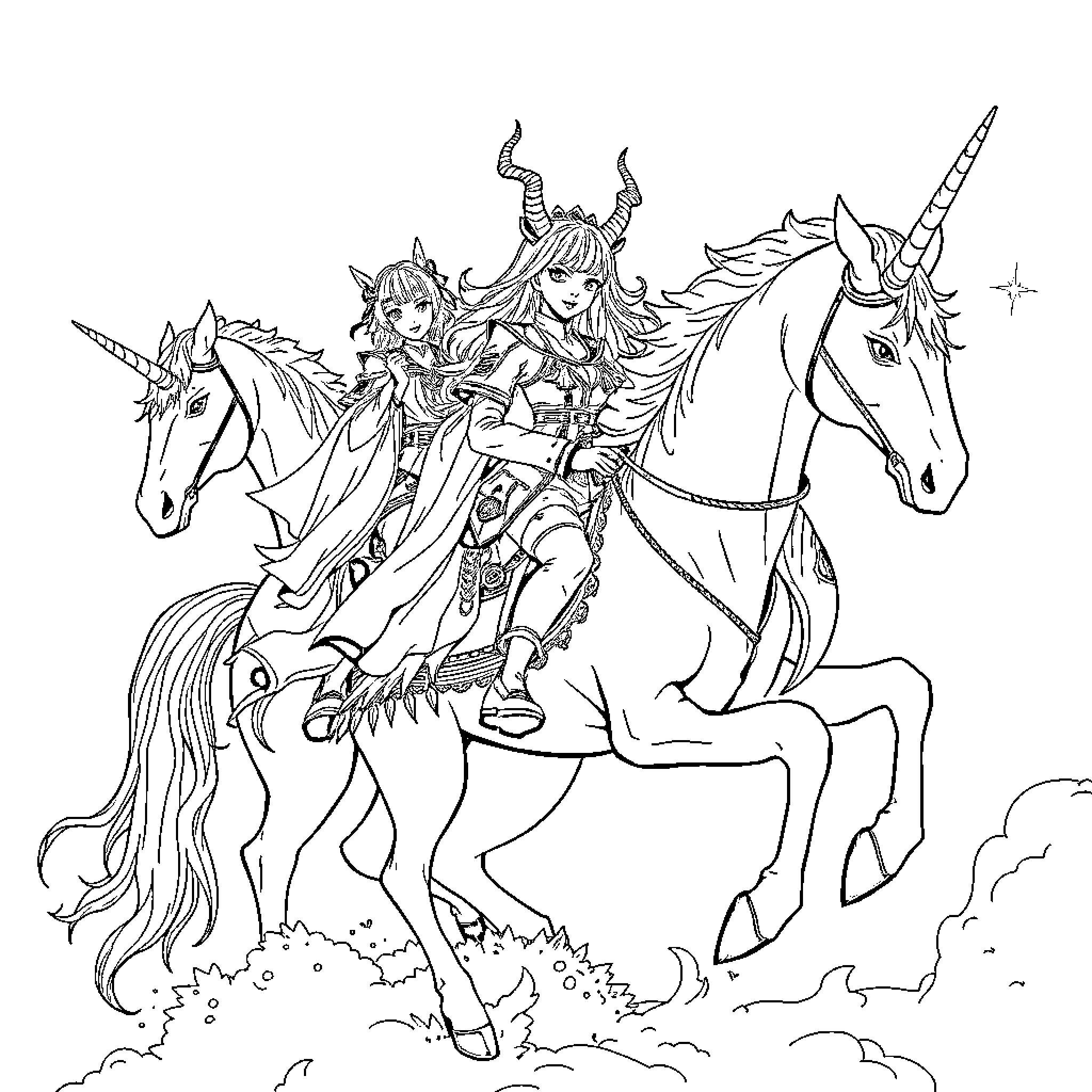 Demon Hunter Riding Unicorns into Battle Coloring Page (free black-and-white line drawing printable PDF for all, from beginners to advanced learners, including children, teens, adults, and seniors)