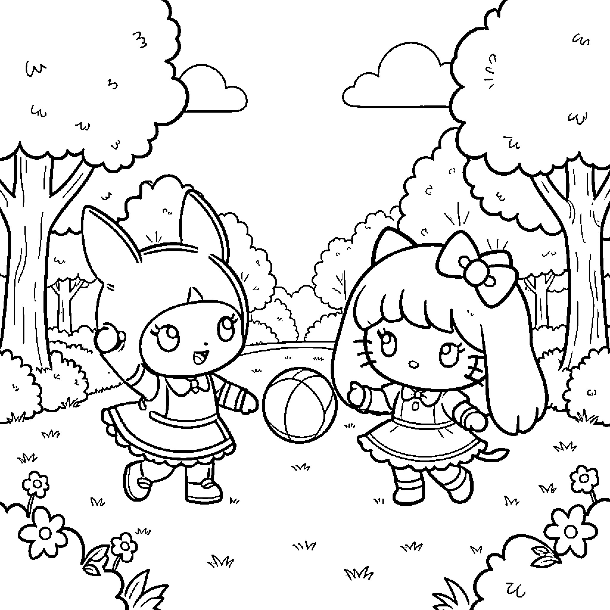 Kuromi and friends playing in the forest Coloring Page (free black-and-white line drawing printable PDF for all, from beginners to advanced learners, including children, teens, adults, and seniors)