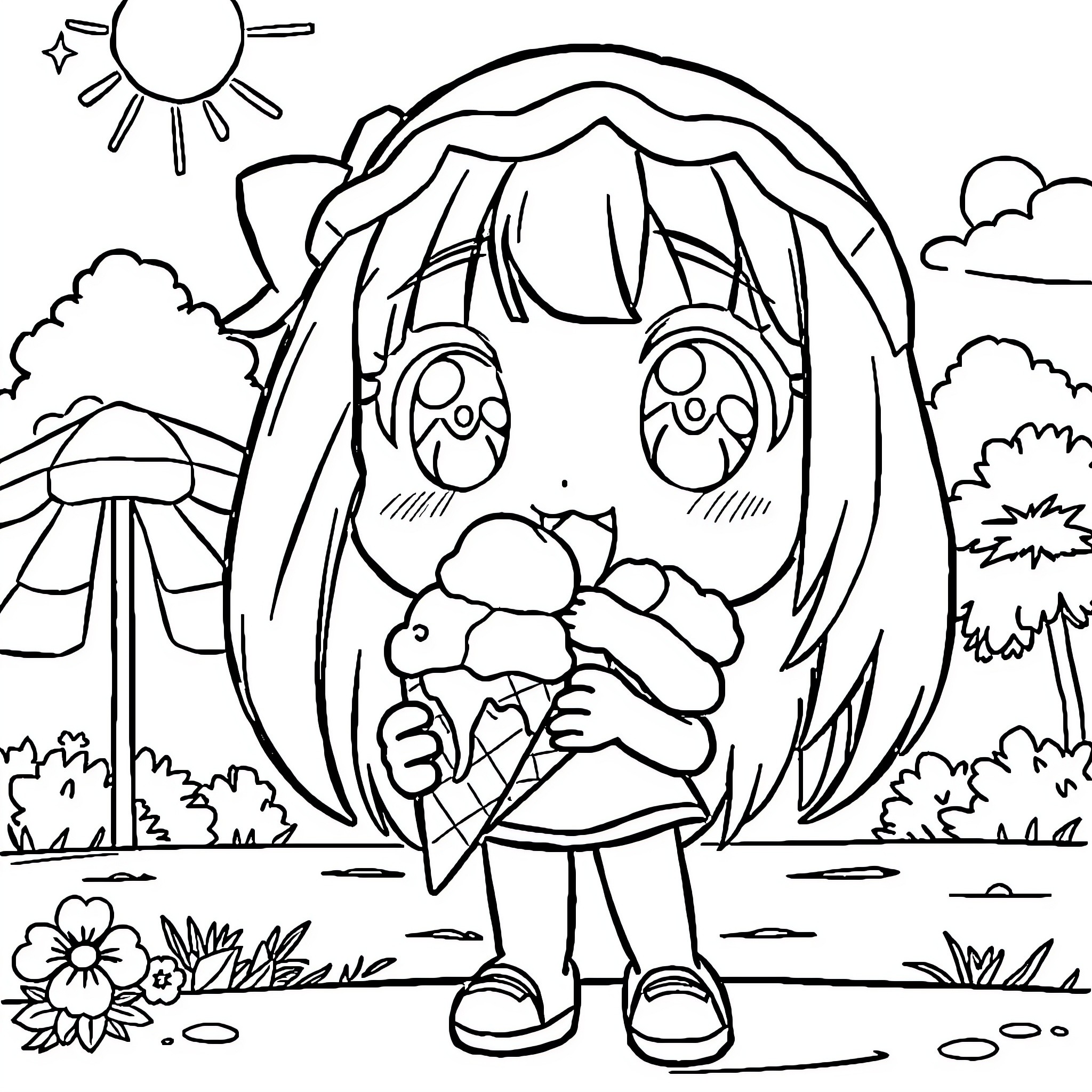 Anime Character with Flower in Outdoor Scene Coloring Page (free black-and-white line drawing printable PDF for all, from beginners to advanced learners, including children, teens, adults, and seniors)