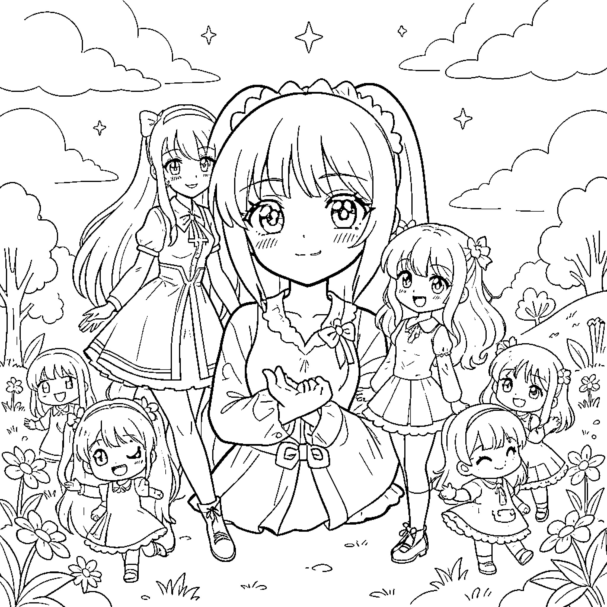 Anime Characters in Whimsical Outdoor Scene Coloring Page (free black-and-white line drawing printable PDF for all, from beginners to advanced learners, including children, teens, adults, and seniors)