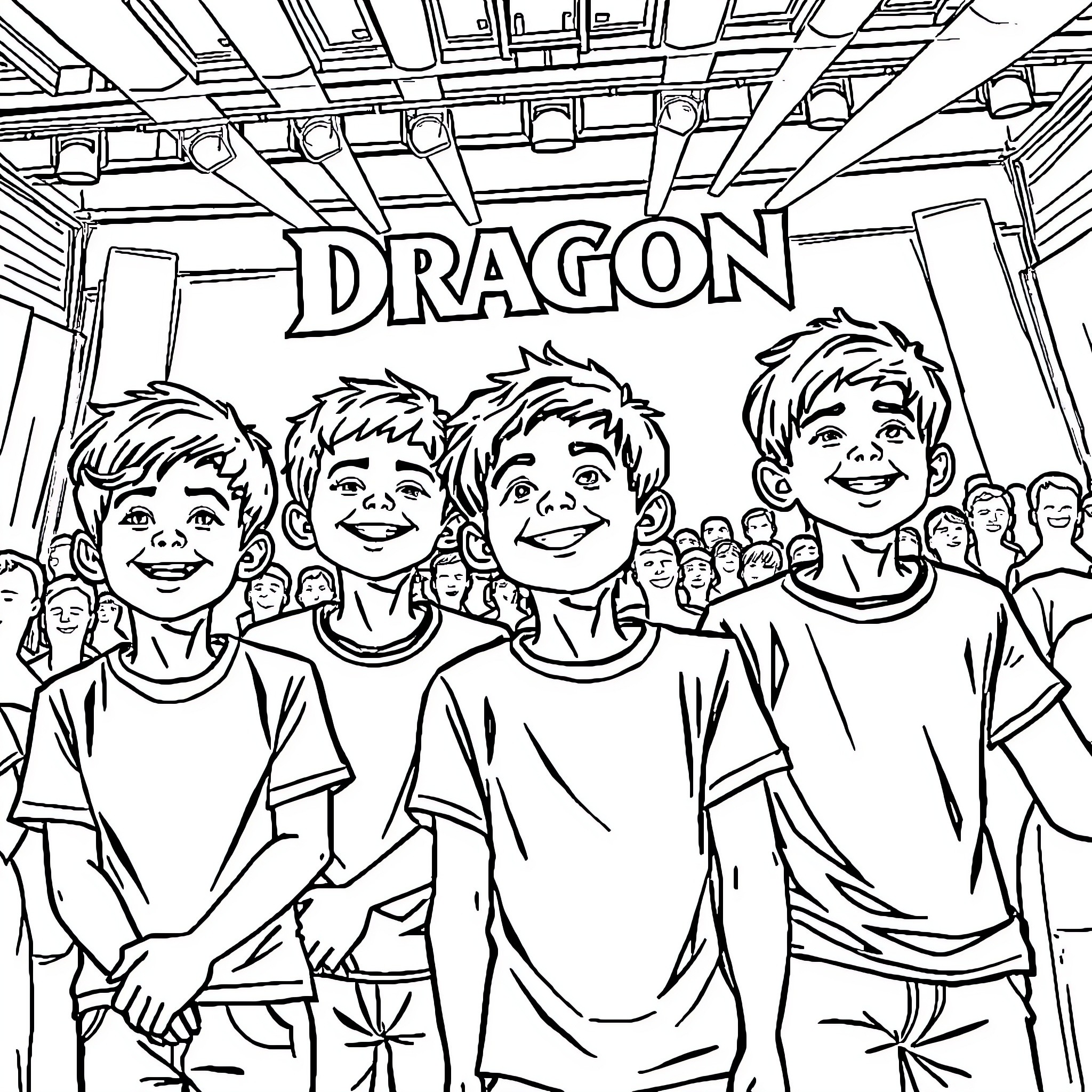 Boy group members pose confidently under 'Dragon' sign Coloring Page (free black-and-white line drawing printable PDF for all, from beginners to advanced learners, including children, teens, adults, and seniors)