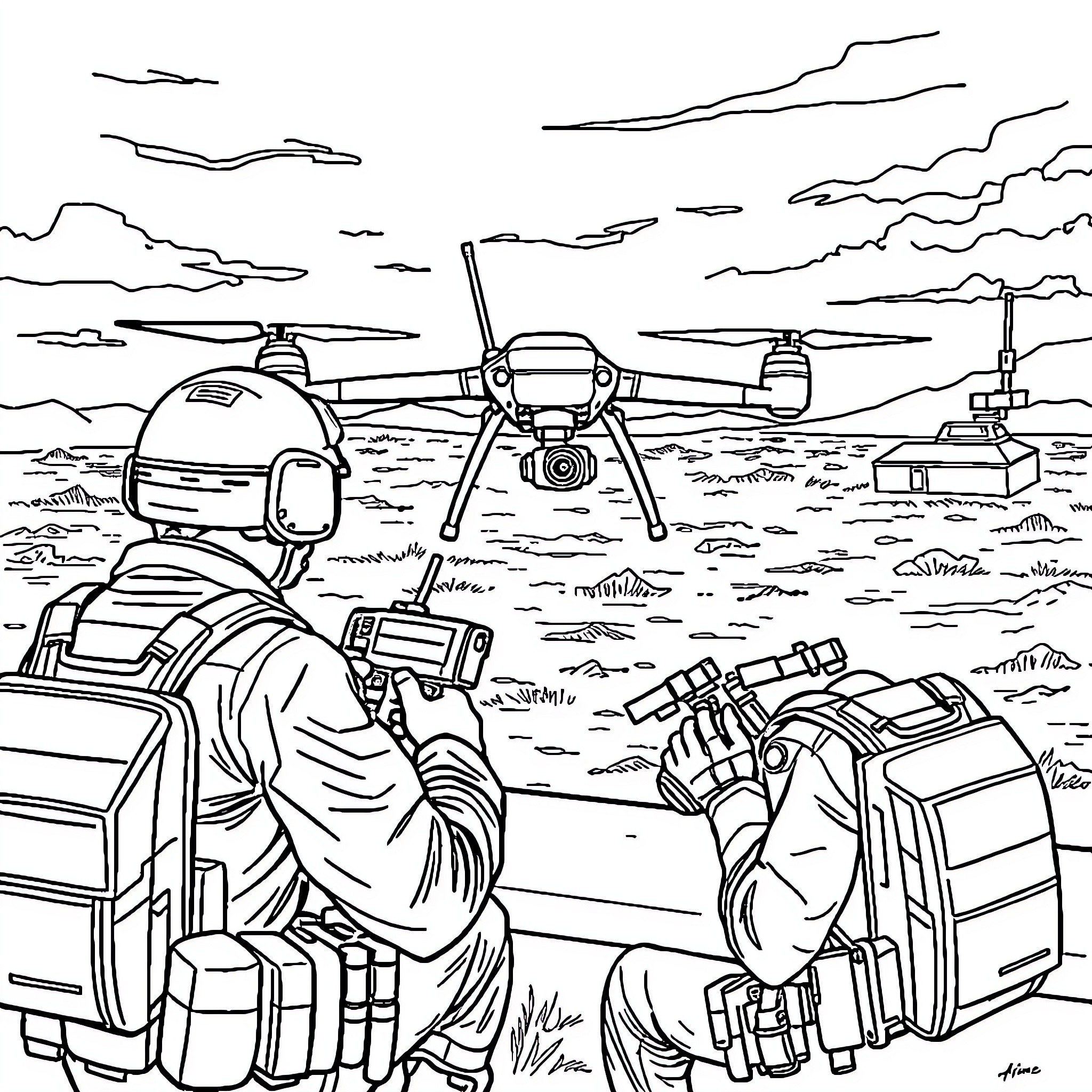 Soldiers on patrol with military drones in desert landscape Coloring Page (free black-and-white line drawing printable PDF for all, from beginners to advanced learners, including children, teens, adults, and seniors)