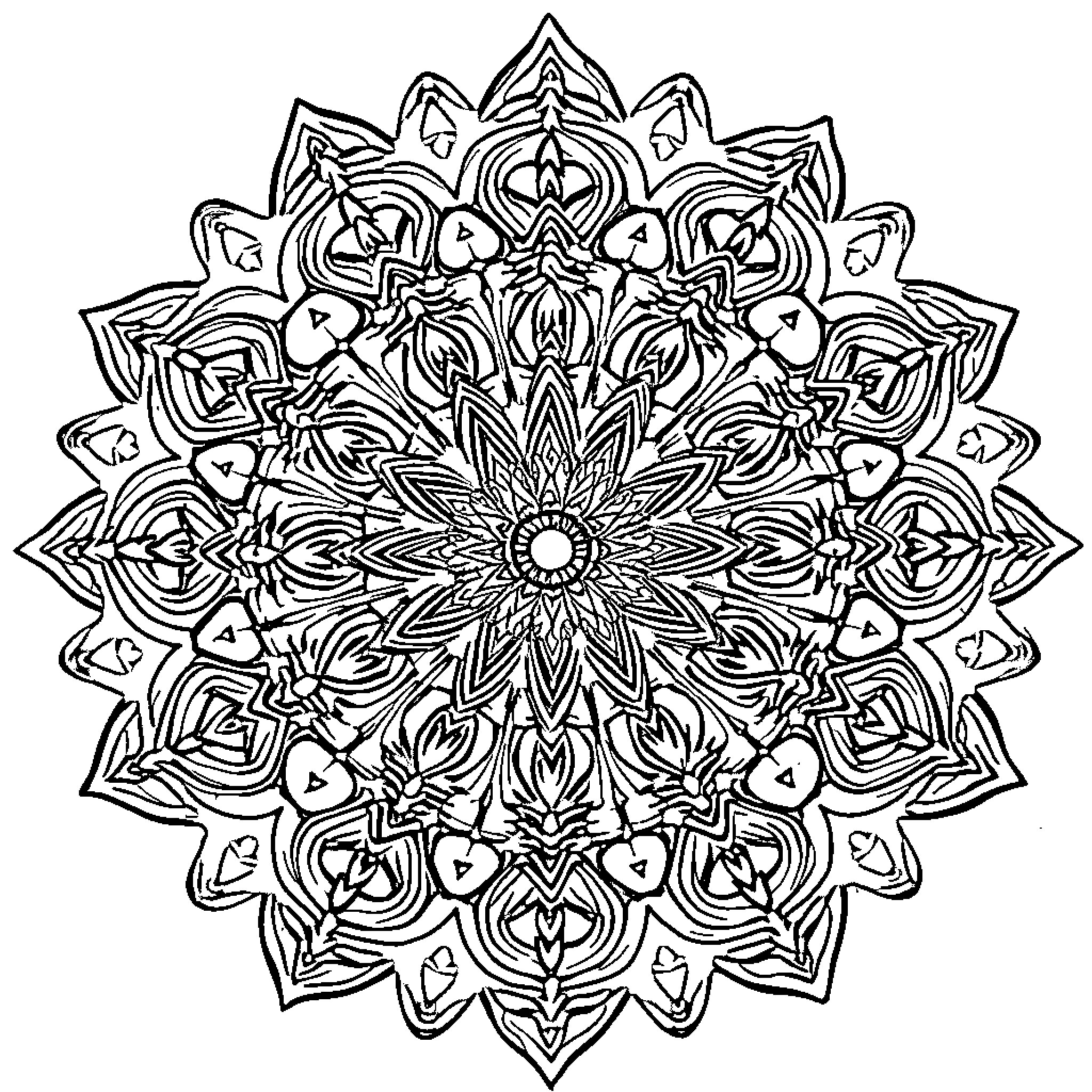 Mandalas of intricate symmetrical patterns Coloring Page (free black-and-white line drawing printable PDF for all, from beginners to advanced learners, including children, teens, adults, and seniors)