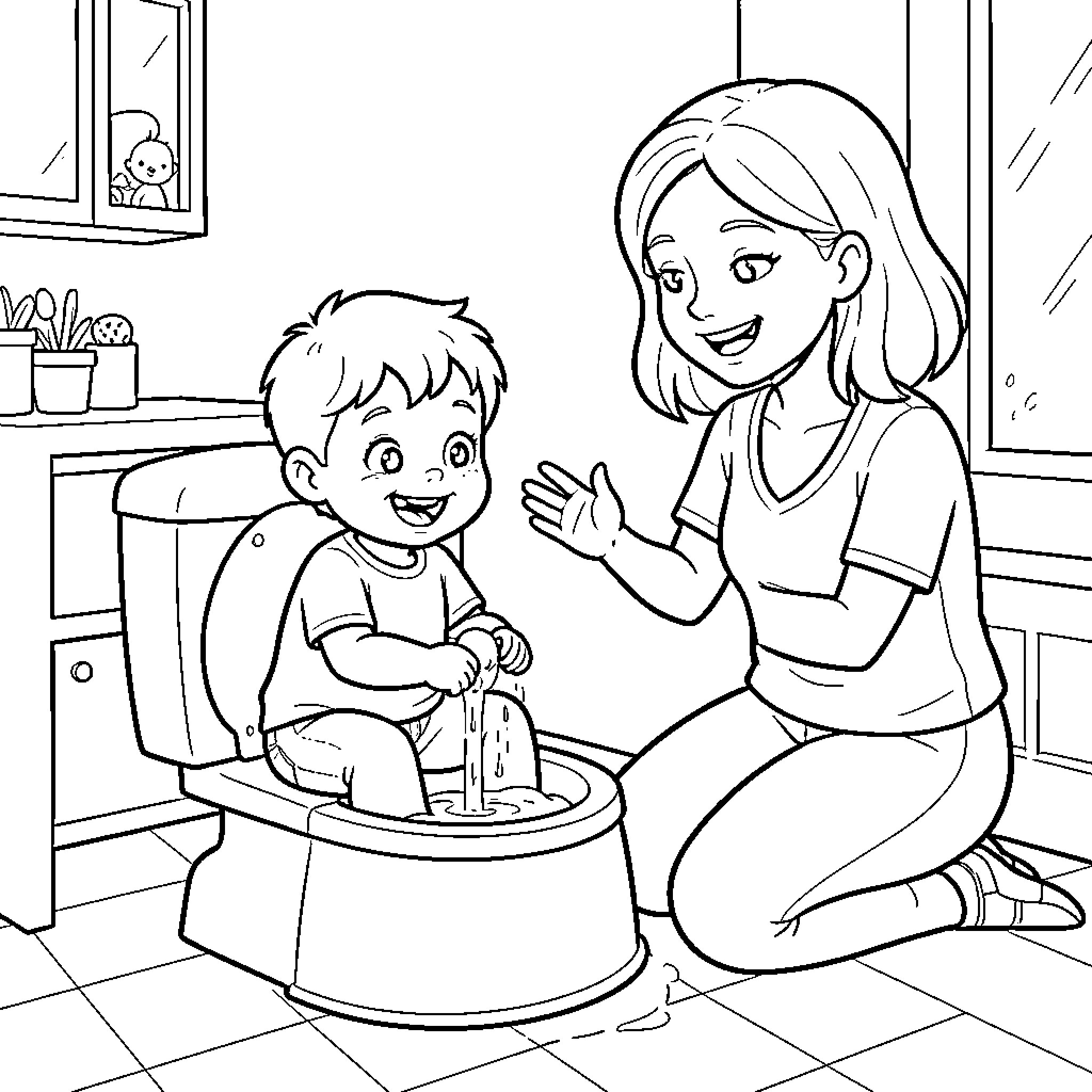 Child sitting on a potty with a smiling mother Coloring Page (free black-and-white line drawing printable PDF for all, from beginners to advanced learners, including children, teens, adults, and seniors)