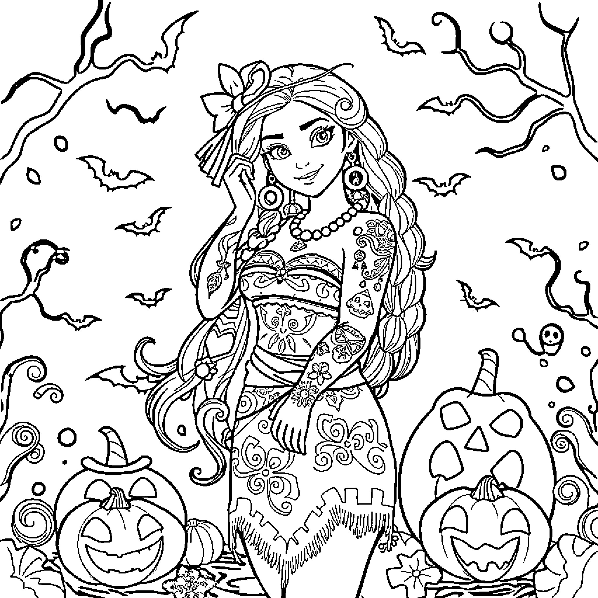Moana enjoying a Halloween adventure Coloring Page (free black-and-white line drawing printable PDF for all, from beginners to advanced learners, including children, teens, adults, and seniors)