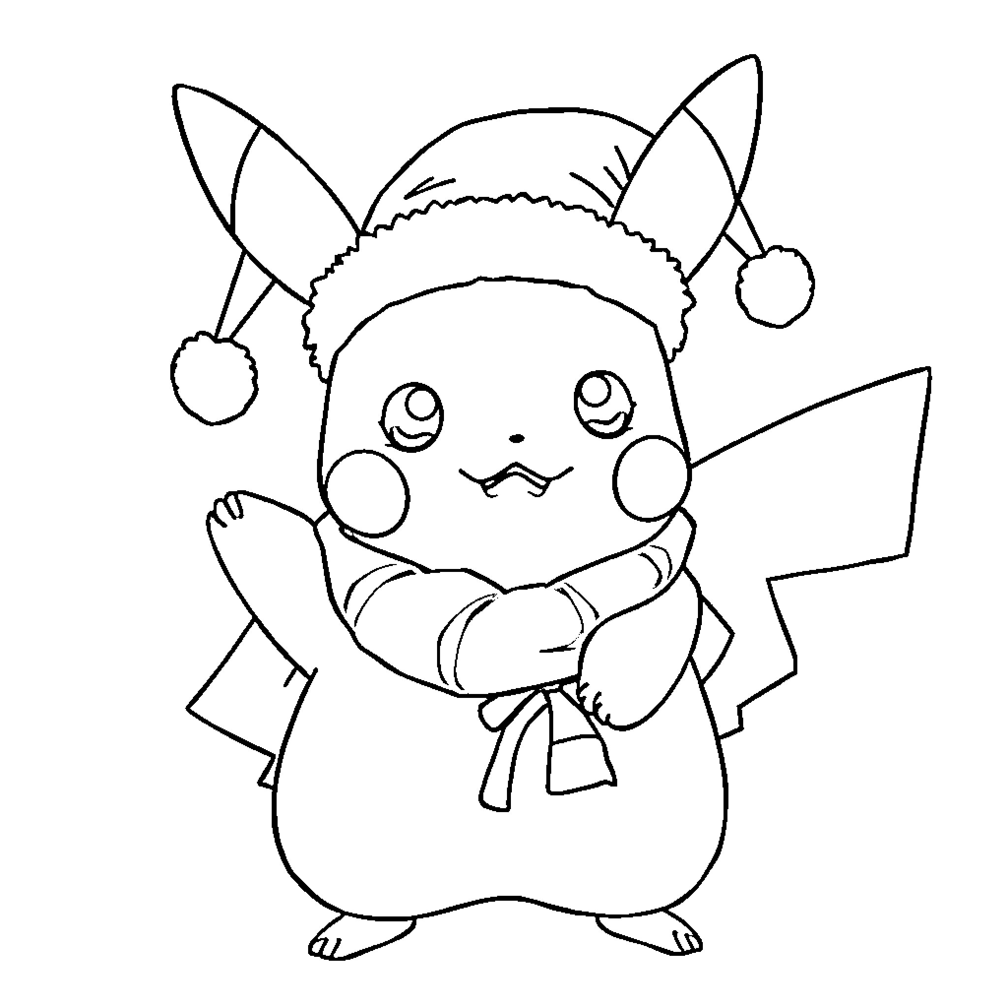 Pikachu wearing a festive hat and scarf Coloring Page (free black-and-white line drawing printable PDF for all, from beginners to advanced learners, including children, teens, adults, and seniors)