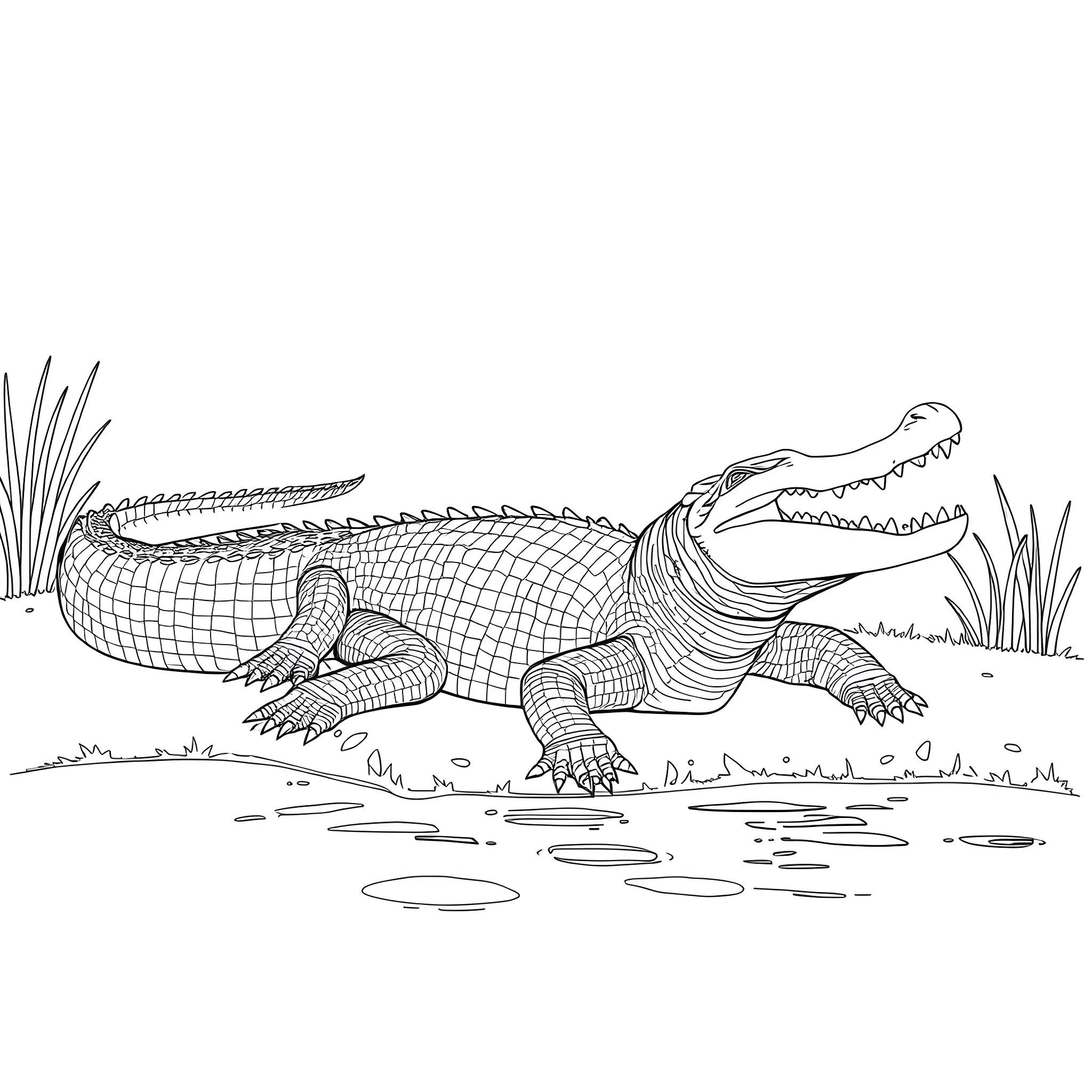 Crocodile resting by the water's edge Coloring Page (free black-and-white line drawing printable PDF for all, from beginners to advanced learners, including children, teens, adults, and seniors)
