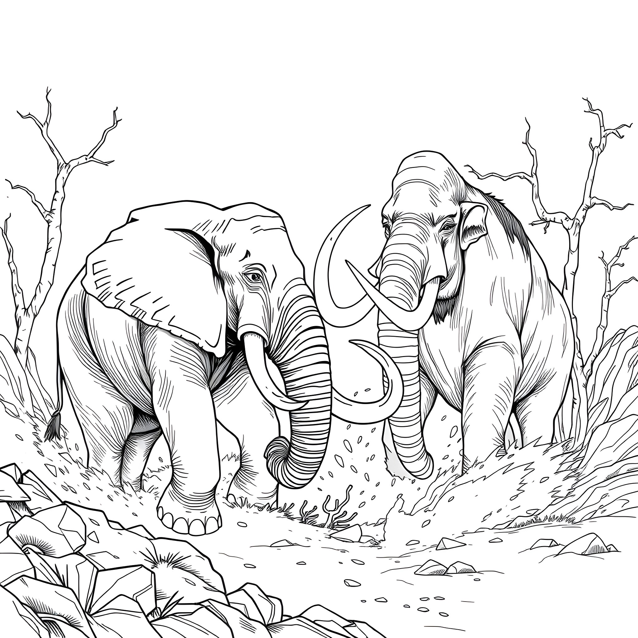 Elephant herd exploring the African wilderness Coloring Page (free black-and-white line drawing printable PDF for all, from beginners to advanced learners, including children, teens, adults, and seniors)
