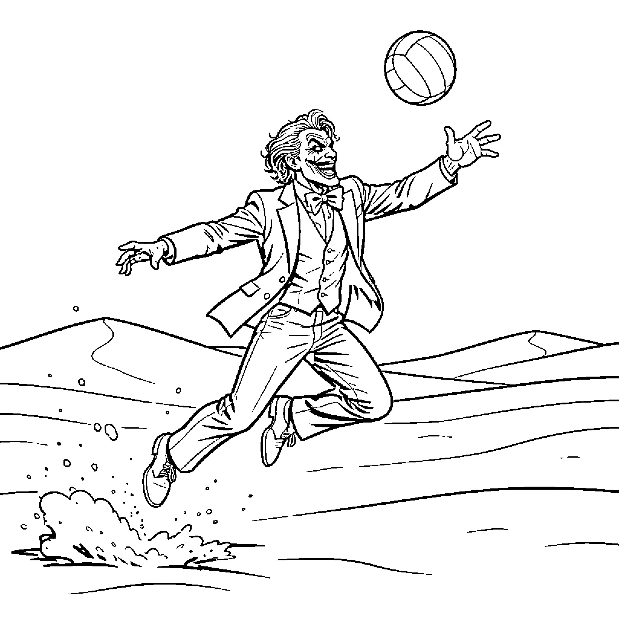 Joker jumping joyfully to hit a volleyball Coloring Page (free black-and-white line drawing printable PDF for all, from beginners to advanced learners, including children, teens, adults, and seniors)