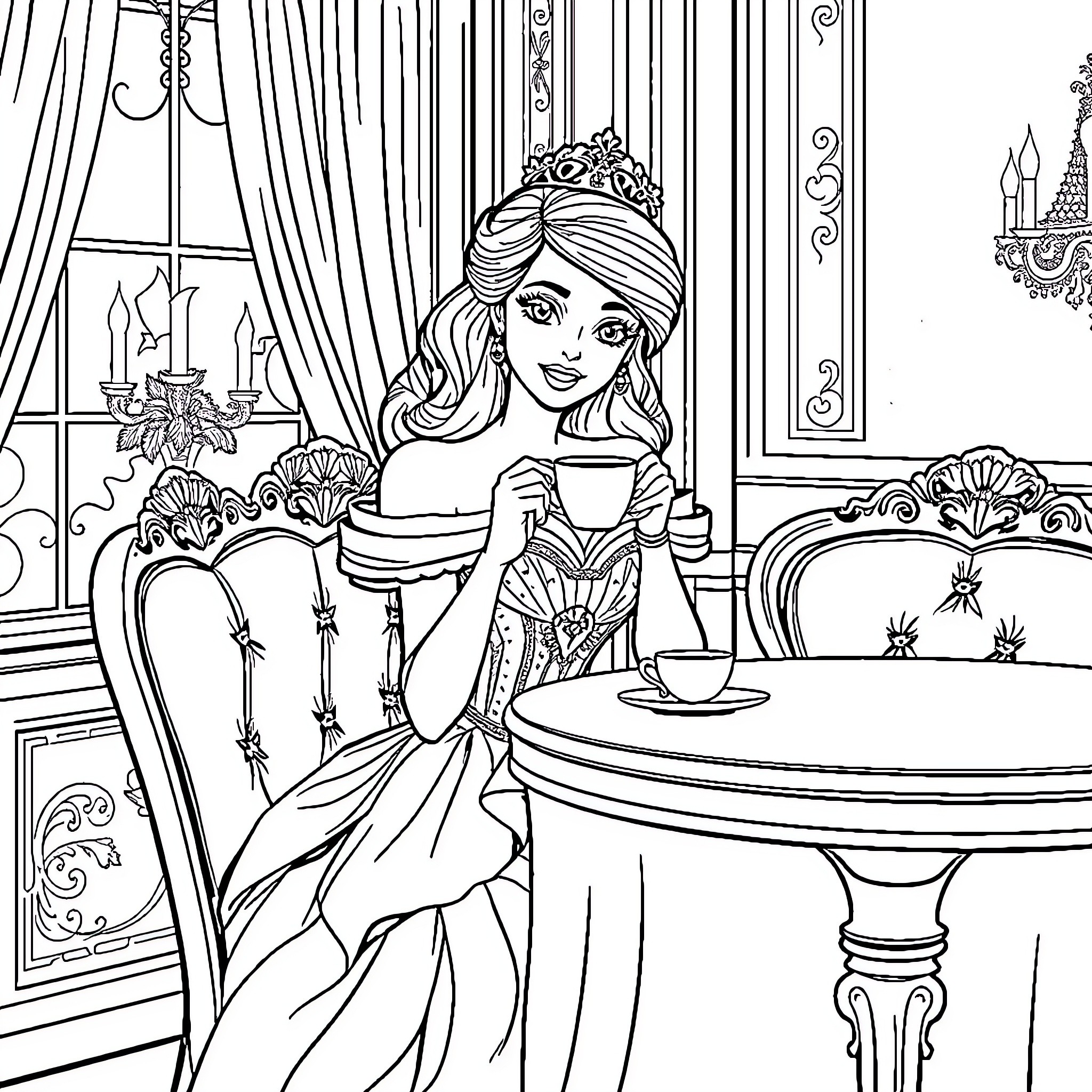 Princess enjoying tea in a regal palace Coloring Page (free black-and-white line drawing printable PDF for all, from beginners to advanced learners, including children, teens, adults, and seniors)