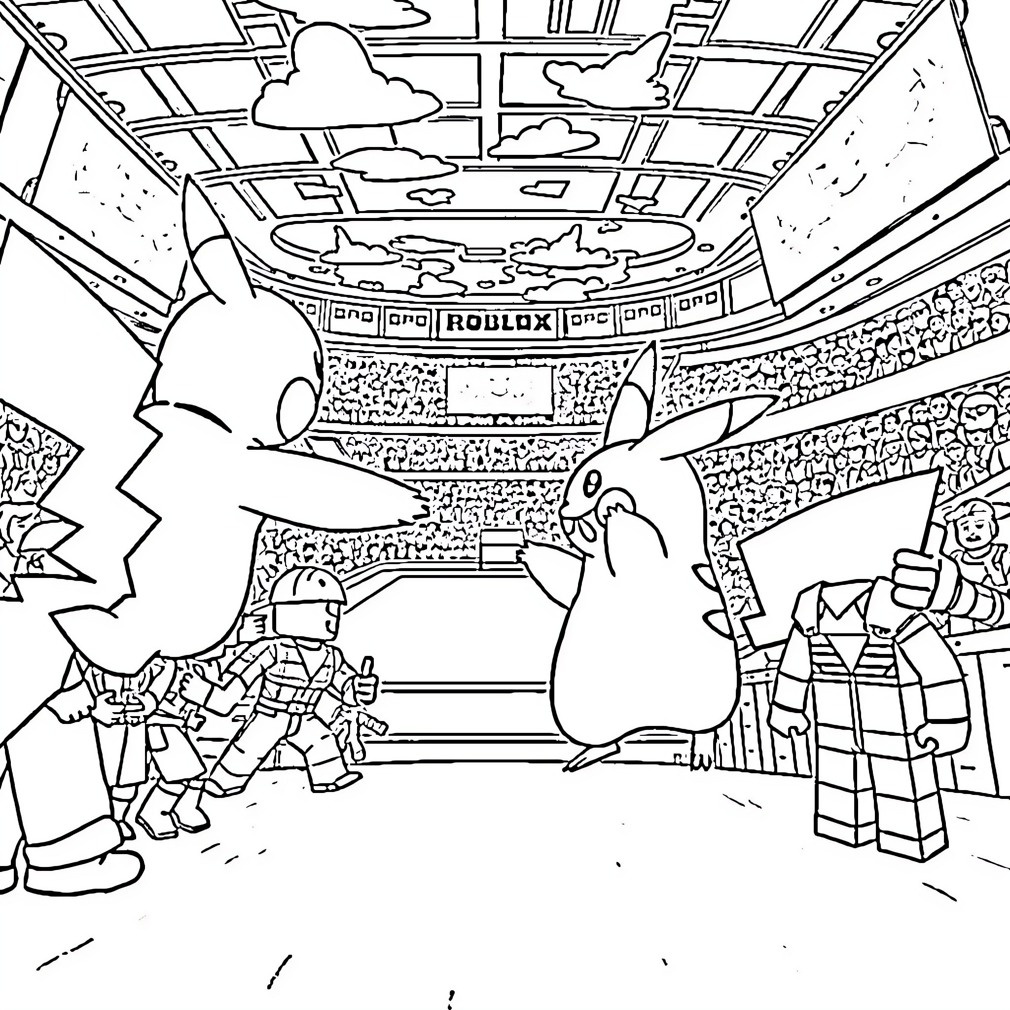 Pikachu enjoying a Roblox gaming event Coloring Page (free black-and-white line drawing printable PDF for all, from beginners to advanced learners, including children, teens, adults, and seniors)