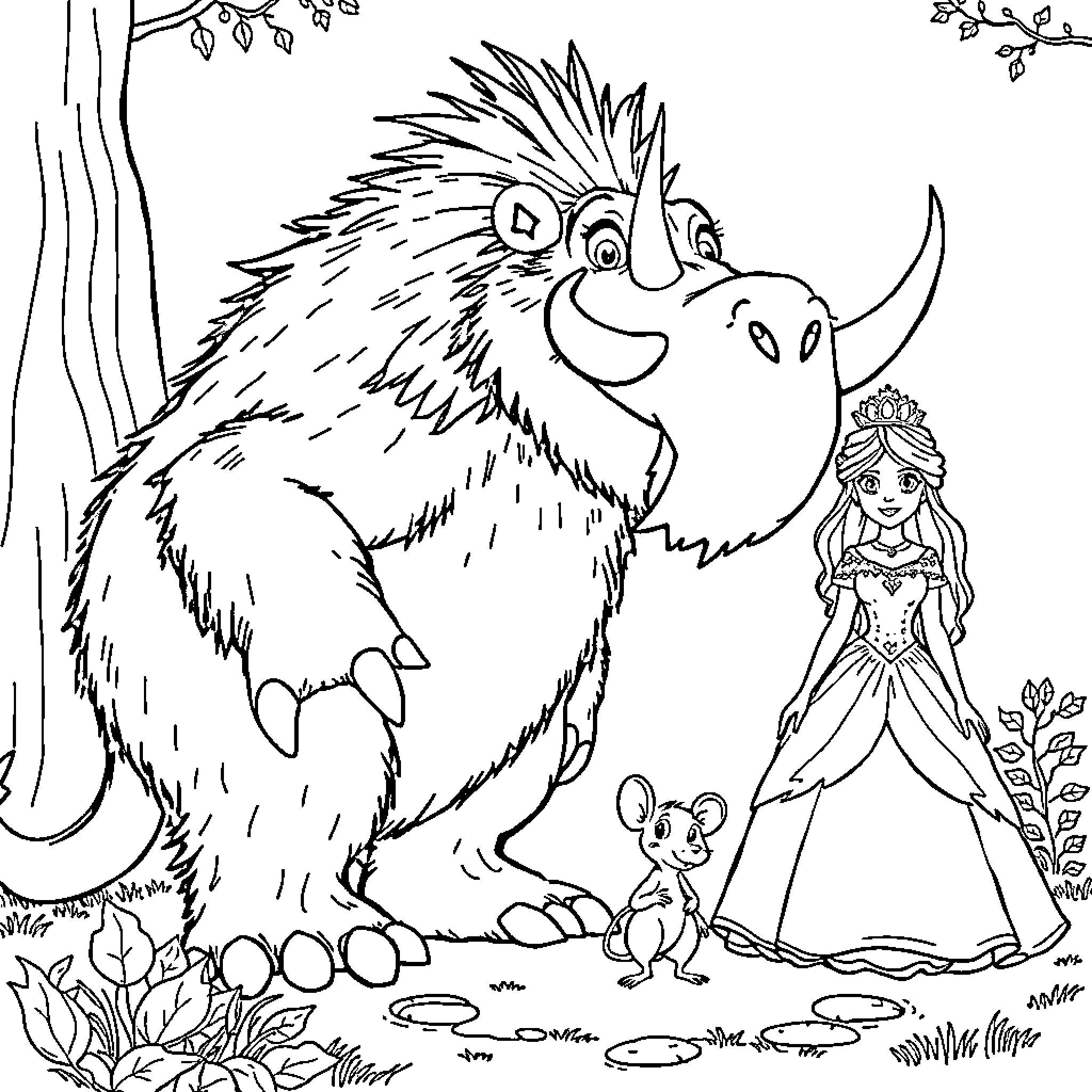 Princess in the forest with a furry animal and mouse Coloring Page (free black-and-white line drawing printable PDF for all, from beginners to advanced learners, including children, teens, adults, and seniors)