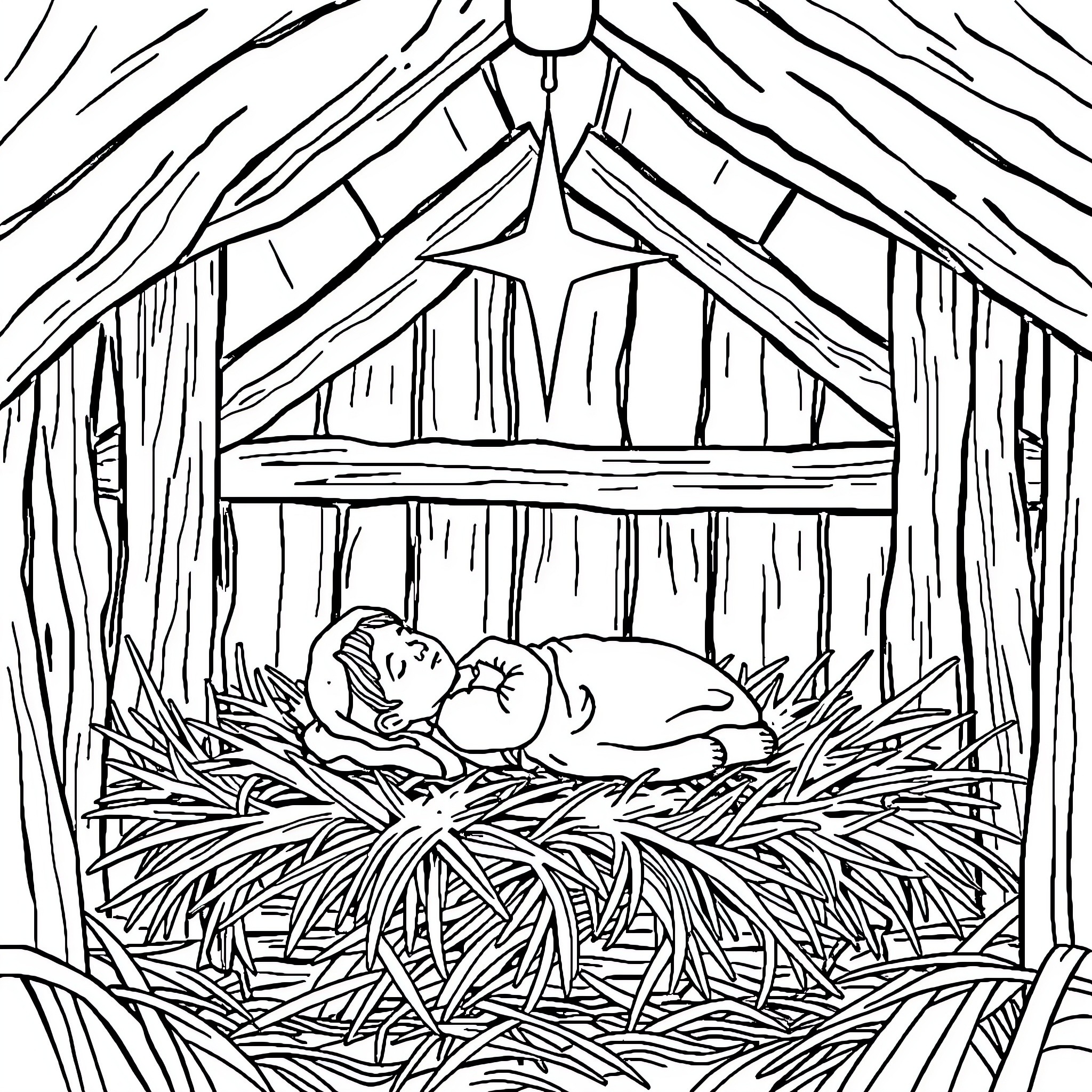Jesus resting peacefully in a manger Coloring Page (free black-and-white line drawing printable PDF for all, from beginners to advanced learners, including children, teens, adults, and seniors)