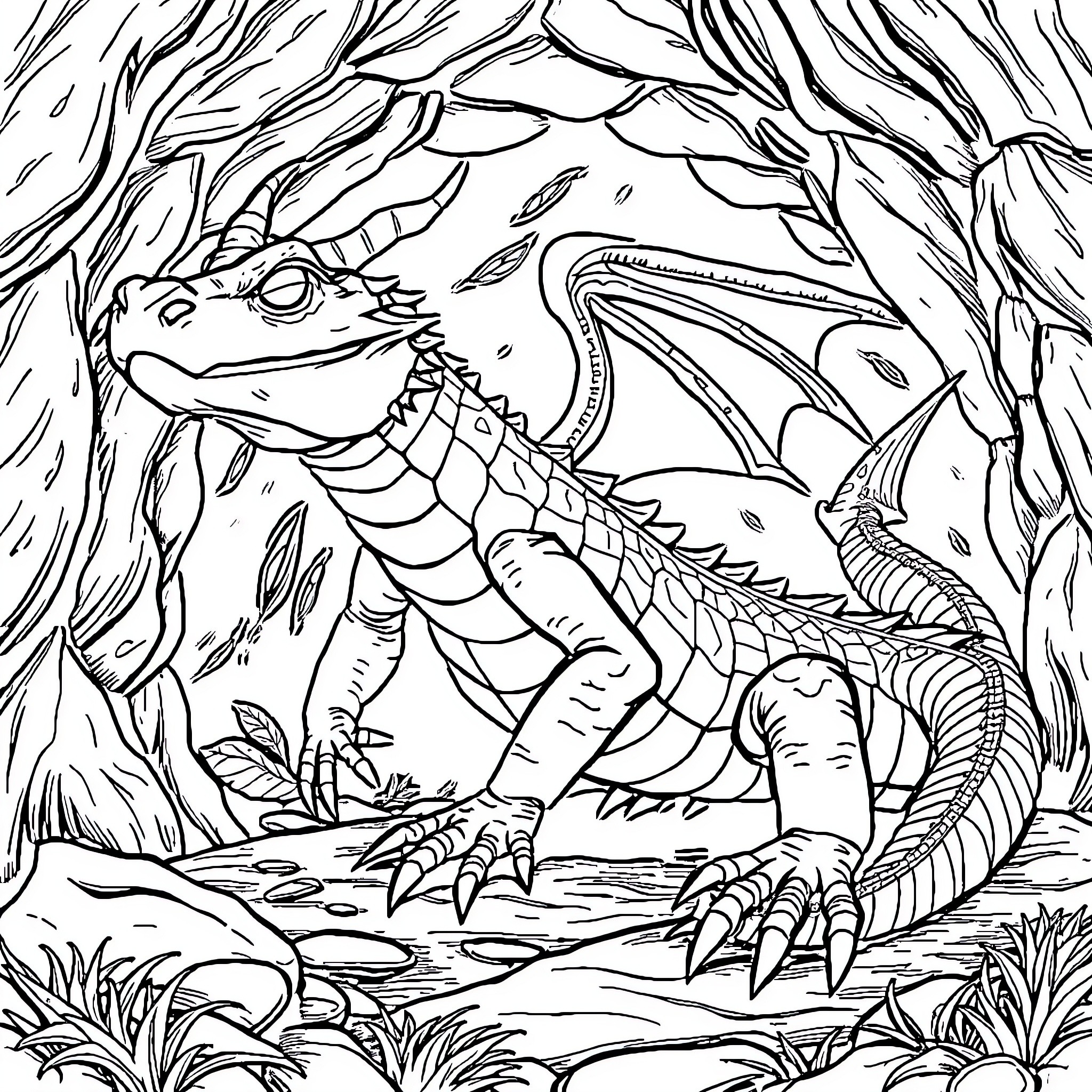 Drache in the Enchanted Forest Coloring Page (free black-and-white line drawing printable PDF for all, from beginners to advanced learners, including children, teens, adults, and seniors)