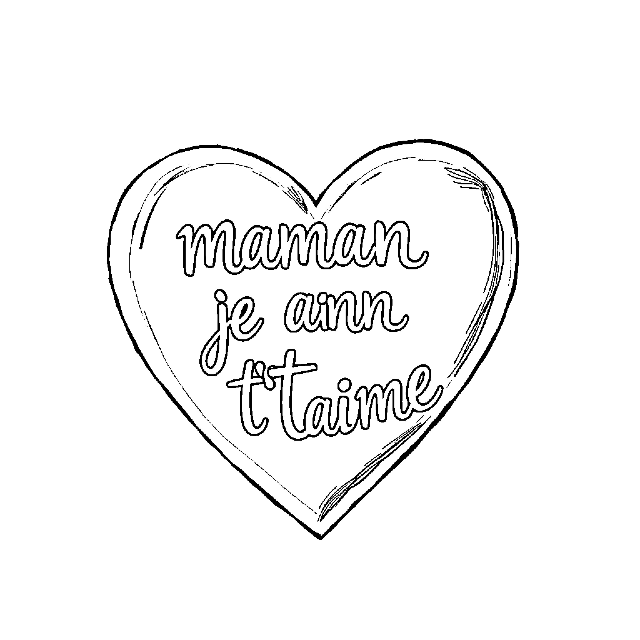 Heart-shaped Love Message for Mom Coloring Page (free black-and-white line drawing printable PDF for all, from beginners to advanced learners, including children, teens, adults, and seniors)