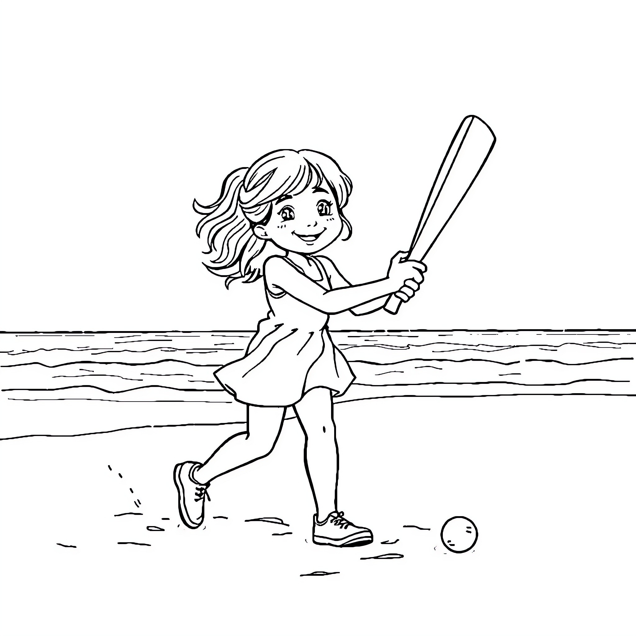 Girl playing happily with baseball bat on the beach Coloring Page (free black-and-white line drawing printable PDF for all, from beginners to advanced learners, including children, teens, adults, and seniors)