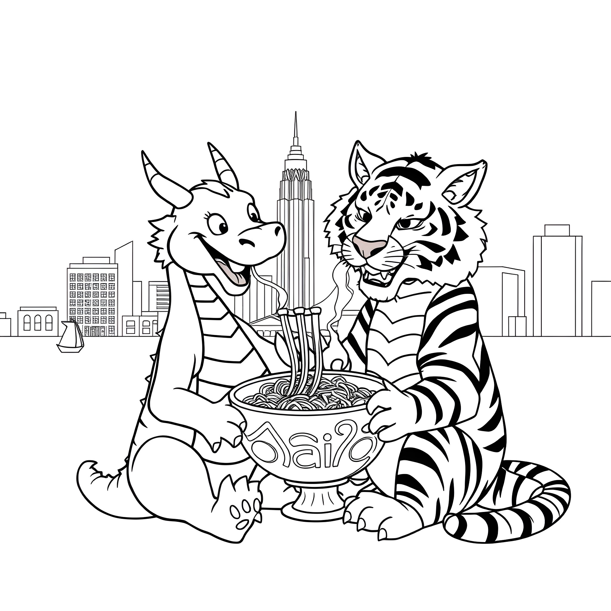Dragon and Tiger Enjoying a Meal in the City Coloring Page (free black-and-white line drawing printable PDF for all, from beginners to advanced learners, including children, teens, adults, and seniors)
