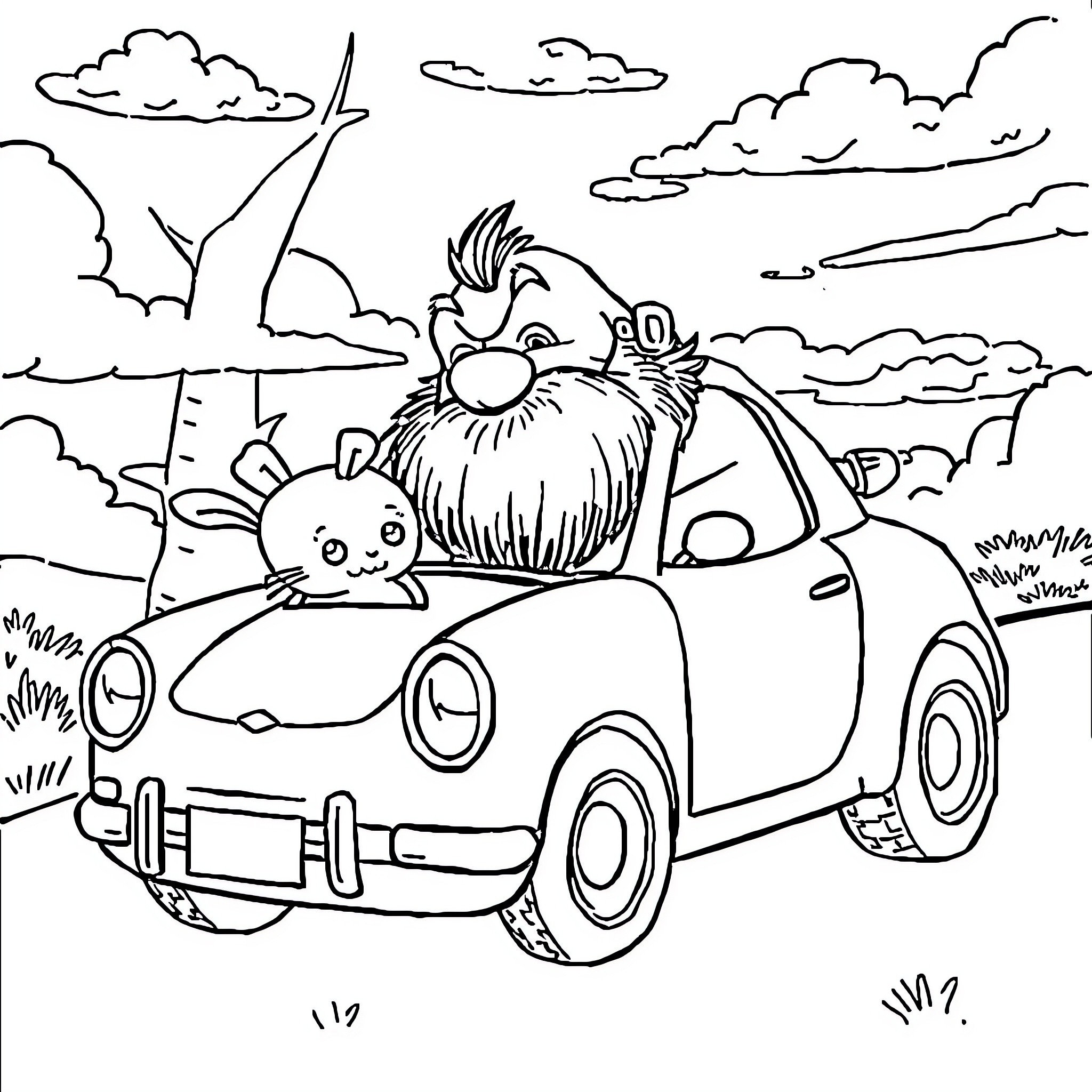 Señor's Road Trip in a Quirky Car Coloring Page (free black-and-white line drawing printable PDF for all, from beginners to advanced learners, including children, teens, adults, and seniors)