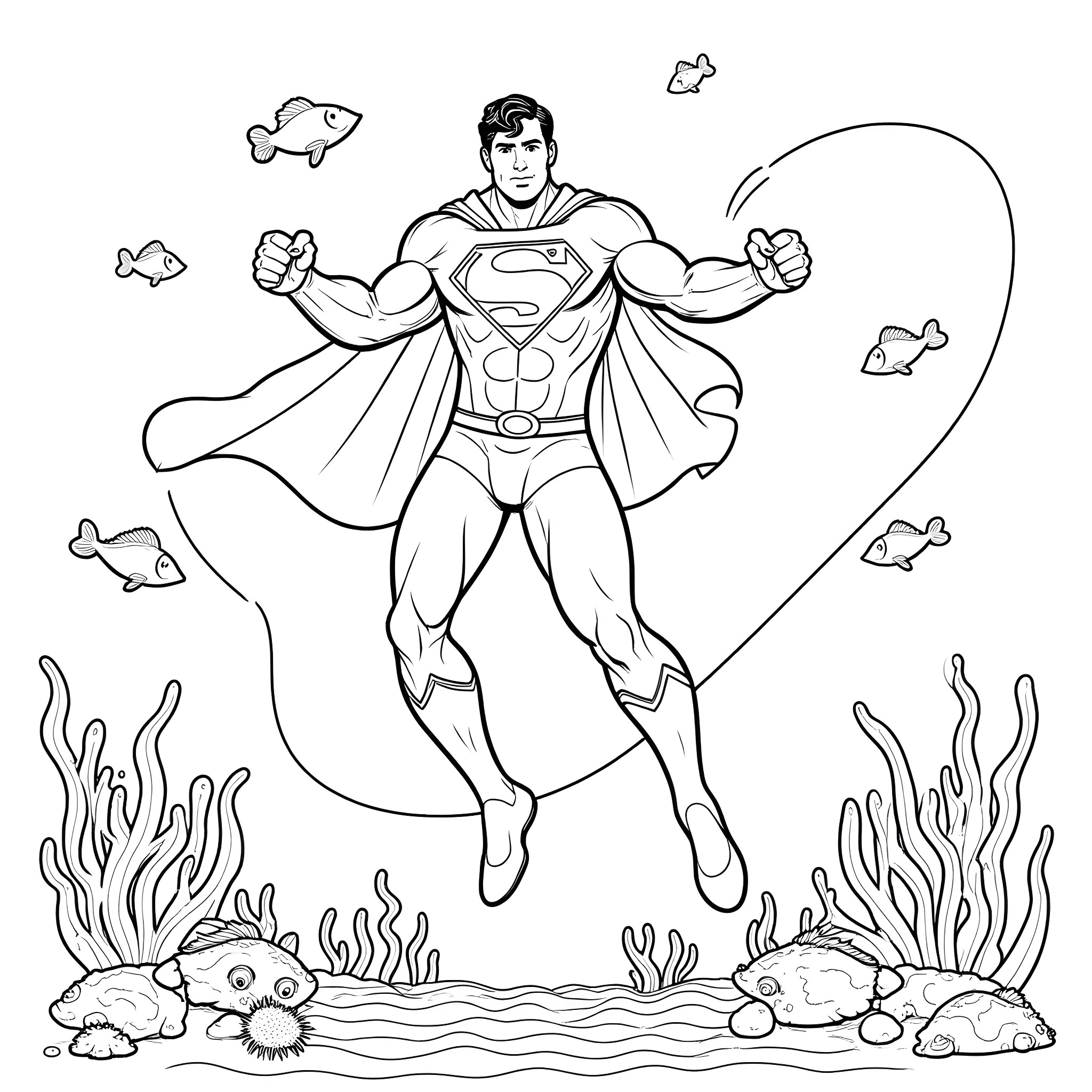 Superman Soaring Above the Underwater World Coloring Page (free black-and-white line drawing printable PDF for all, from beginners to advanced learners, including children, teens, adults, and seniors)