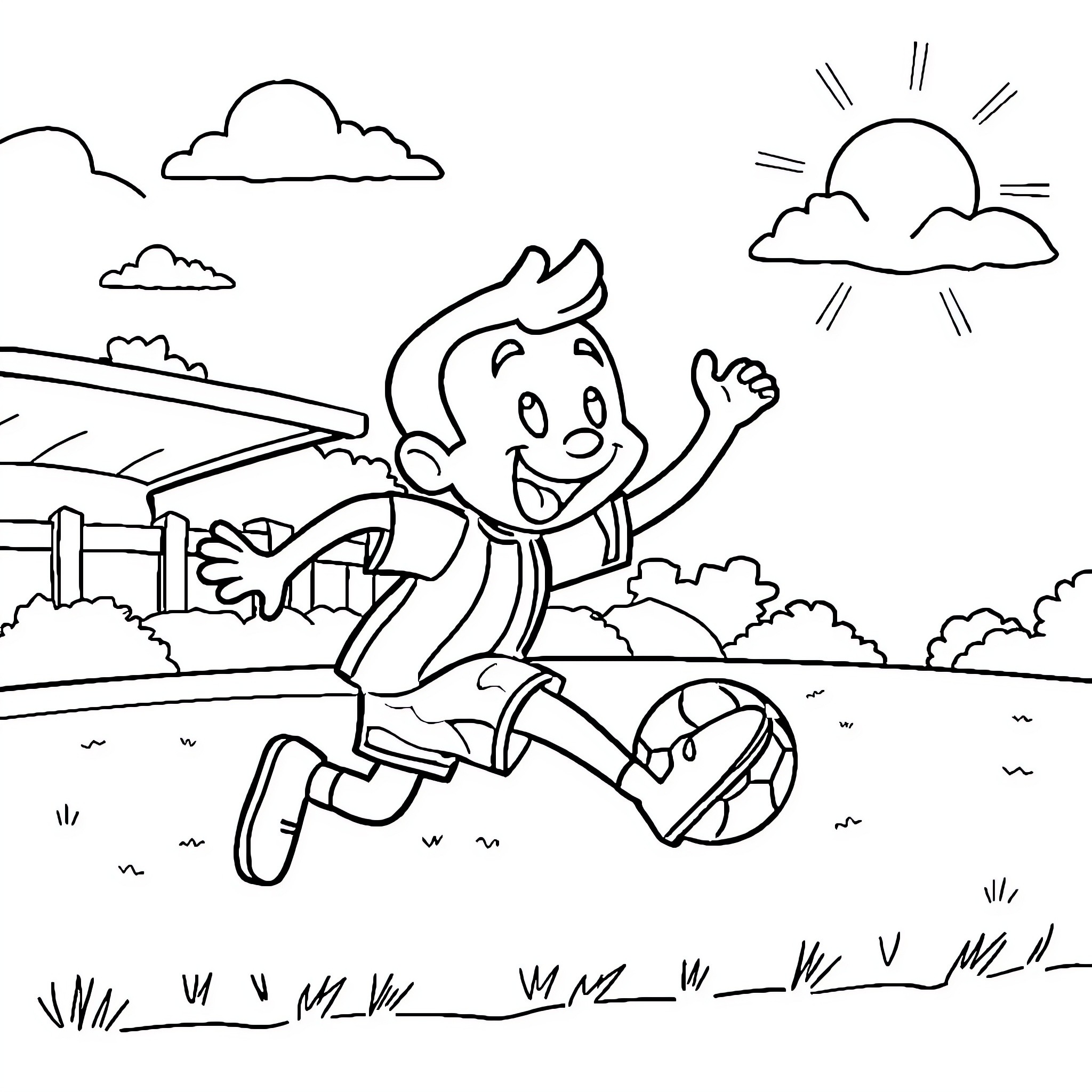 Goob happily kicking soccer ball in the park Coloring Page (free black-and-white line drawing printable PDF for all, from beginners to advanced learners, including children, teens, adults, and seniors)
