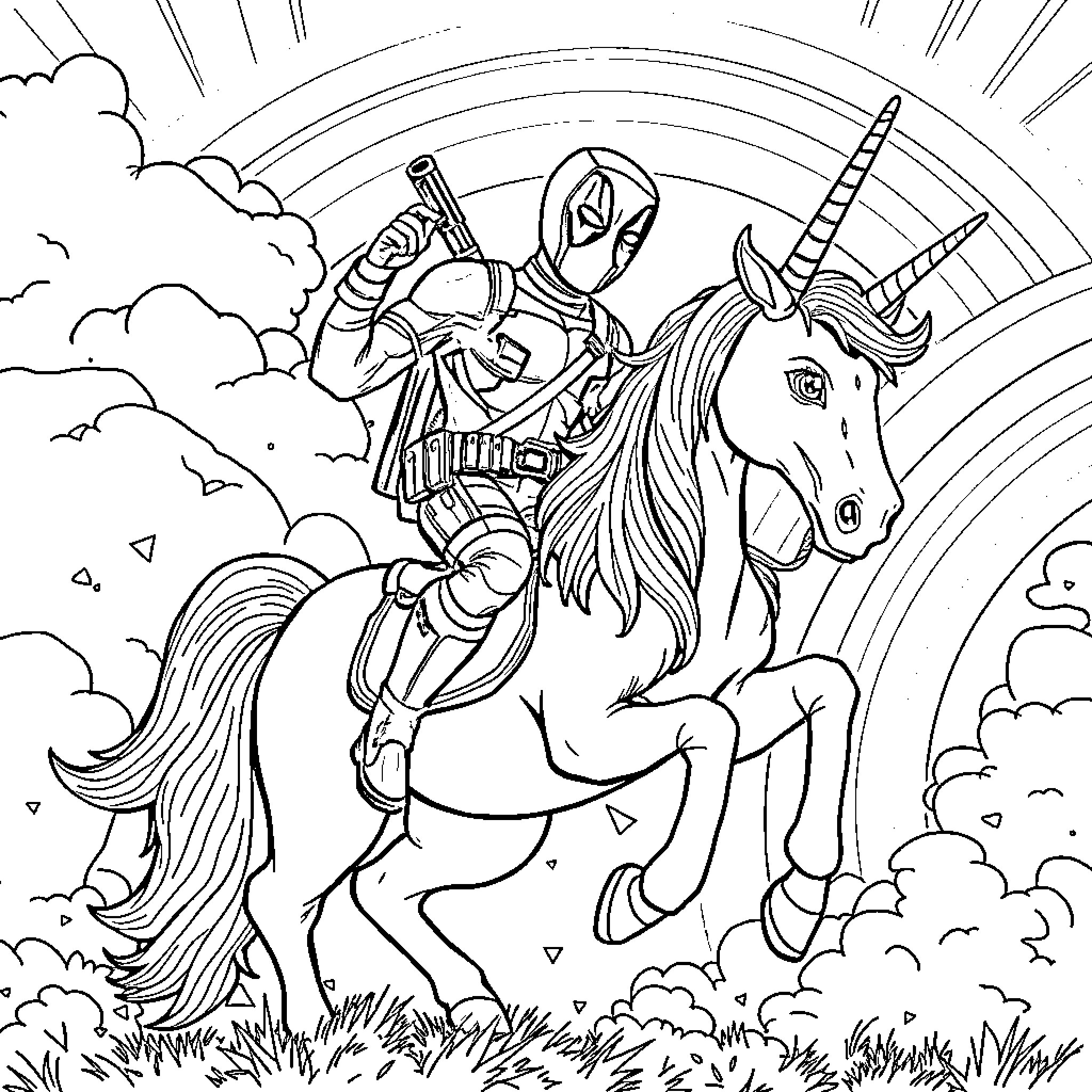 Deadpool Rides a Majestic Unicorn in a Fantastical Scene Coloring Page (free black-and-white line drawing printable PDF for all, from beginners to advanced learners, including children, teens, adults, and seniors)