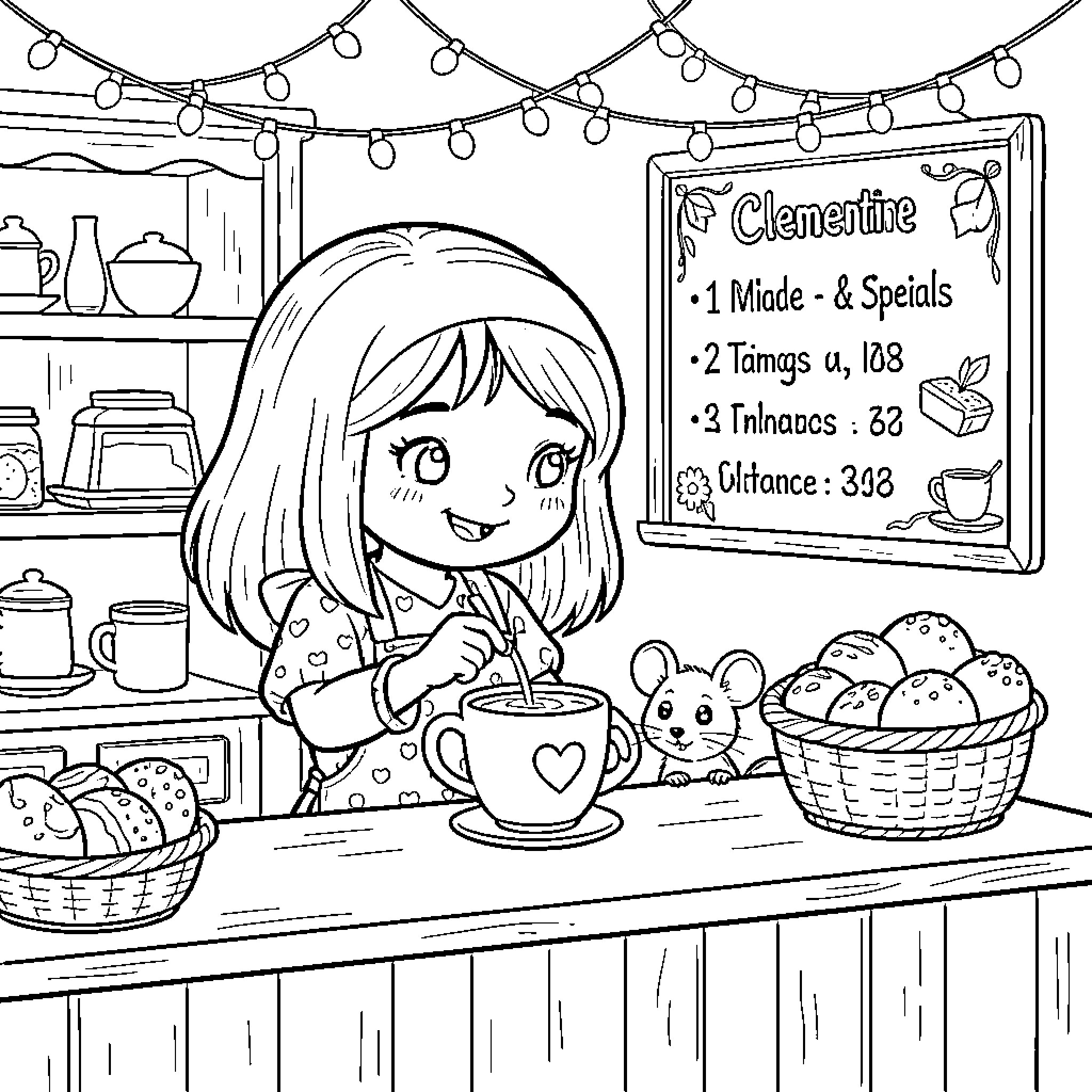 Cafe girl enjoying a drink behind the counter Coloring Page (free black-and-white line drawing printable PDF for all, from beginners to advanced learners, including children, teens, adults, and seniors)