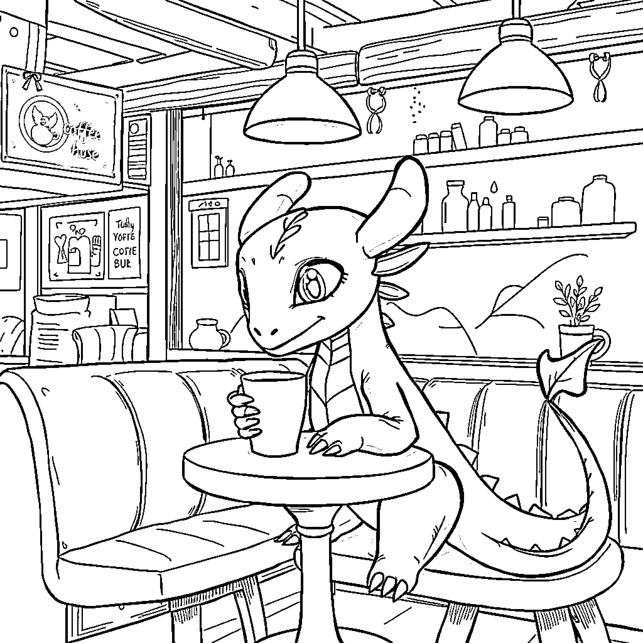 Toothless relaxing in a cozy cafe Coloring Page (free black-and-white line drawing printable PDF for all, from beginners to advanced learners, including children, teens, adults, and seniors)