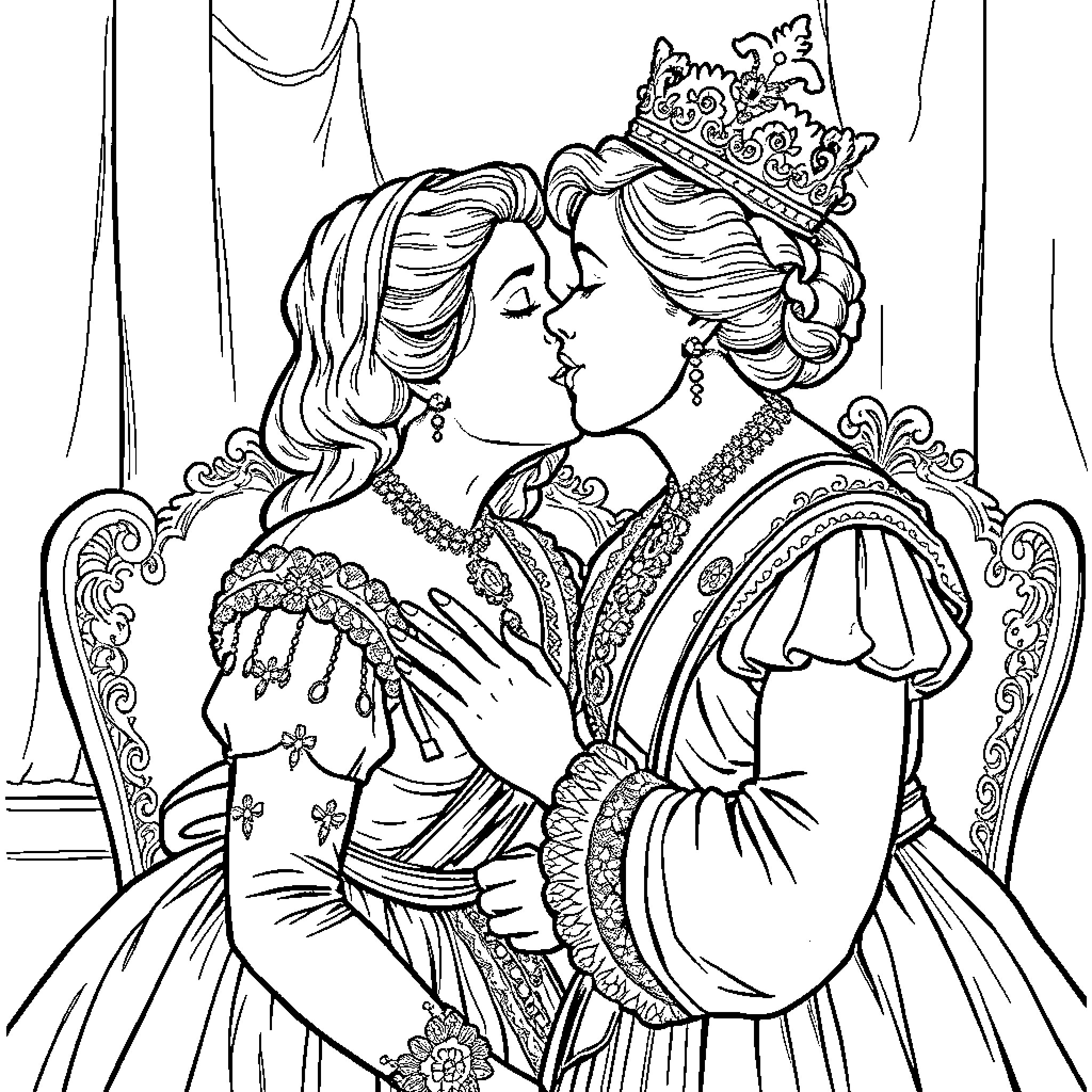 Queen's Tender Embrace Coloring Page (free black-and-white line drawing printable PDF for all, from beginners to advanced learners, including children, teens, adults, and seniors)