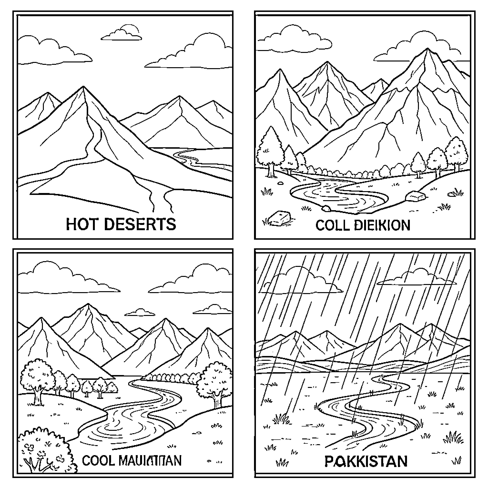 Climate showing various natural landscapes and weather patterns Coloring Page (free black-and-white line drawing printable PDF for all, from beginners to advanced learners, including children, teens, adults, and seniors)