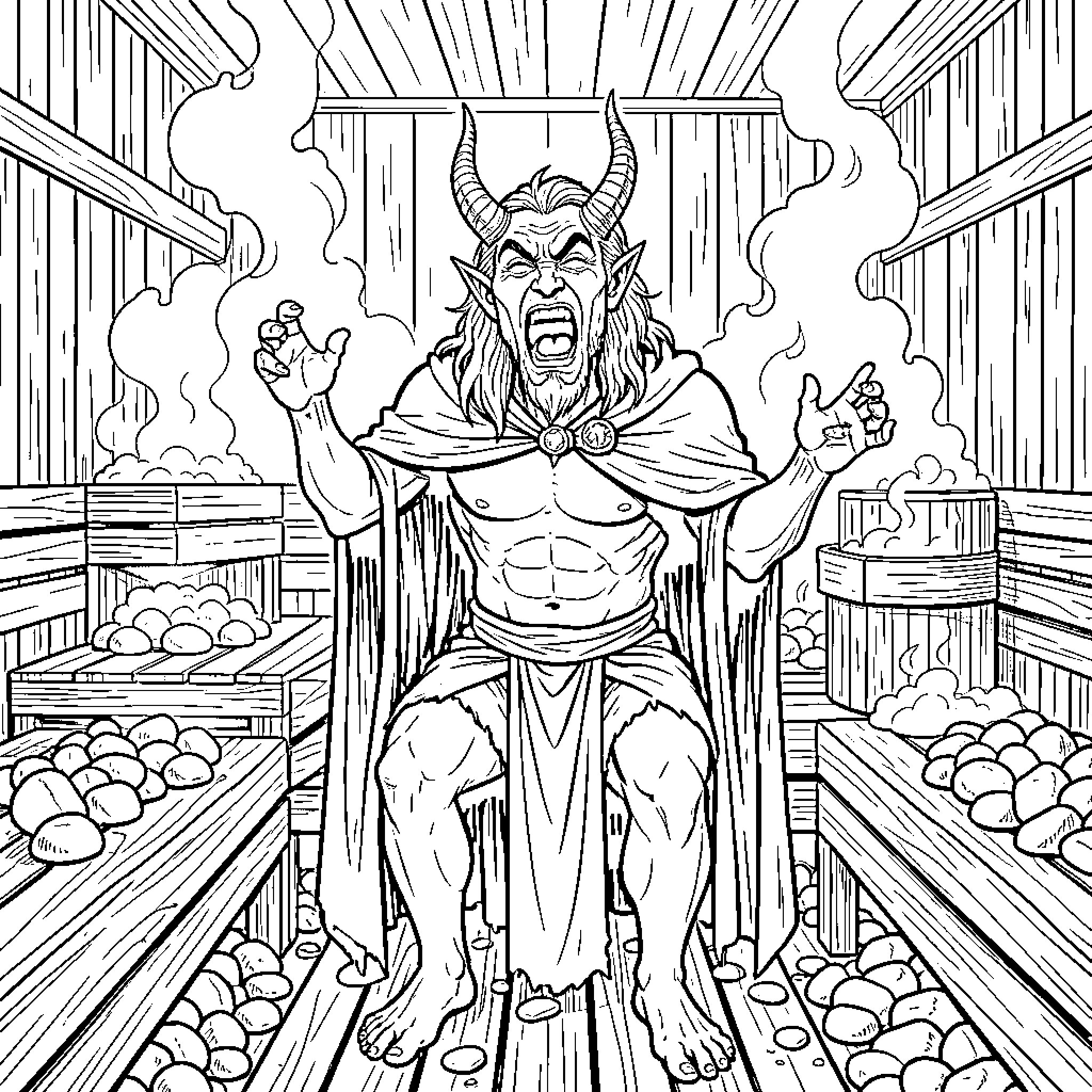 Satan shouting angrily while surrounded by rising smoke Coloring Page (free black-and-white line drawing printable PDF for all, from beginners to advanced learners, including children, teens, adults, and seniors)