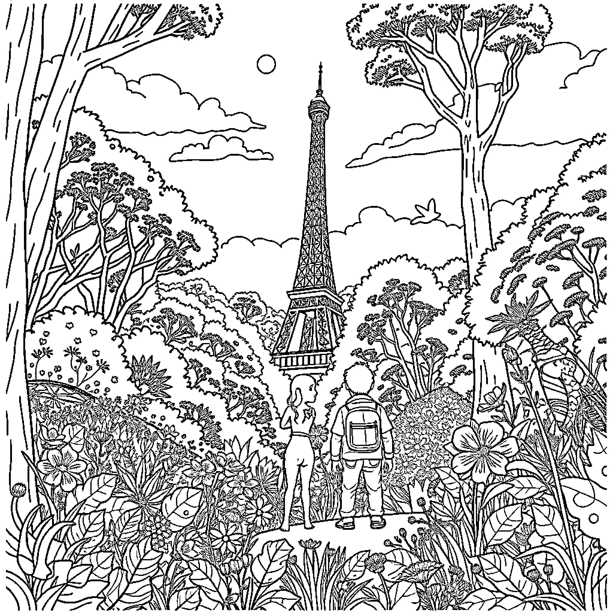 Paris landscape with Eiffel Tower and nature Coloring Page (free black-and-white line drawing printable PDF for all, from beginners to advanced learners, including children, teens, adults, and seniors)