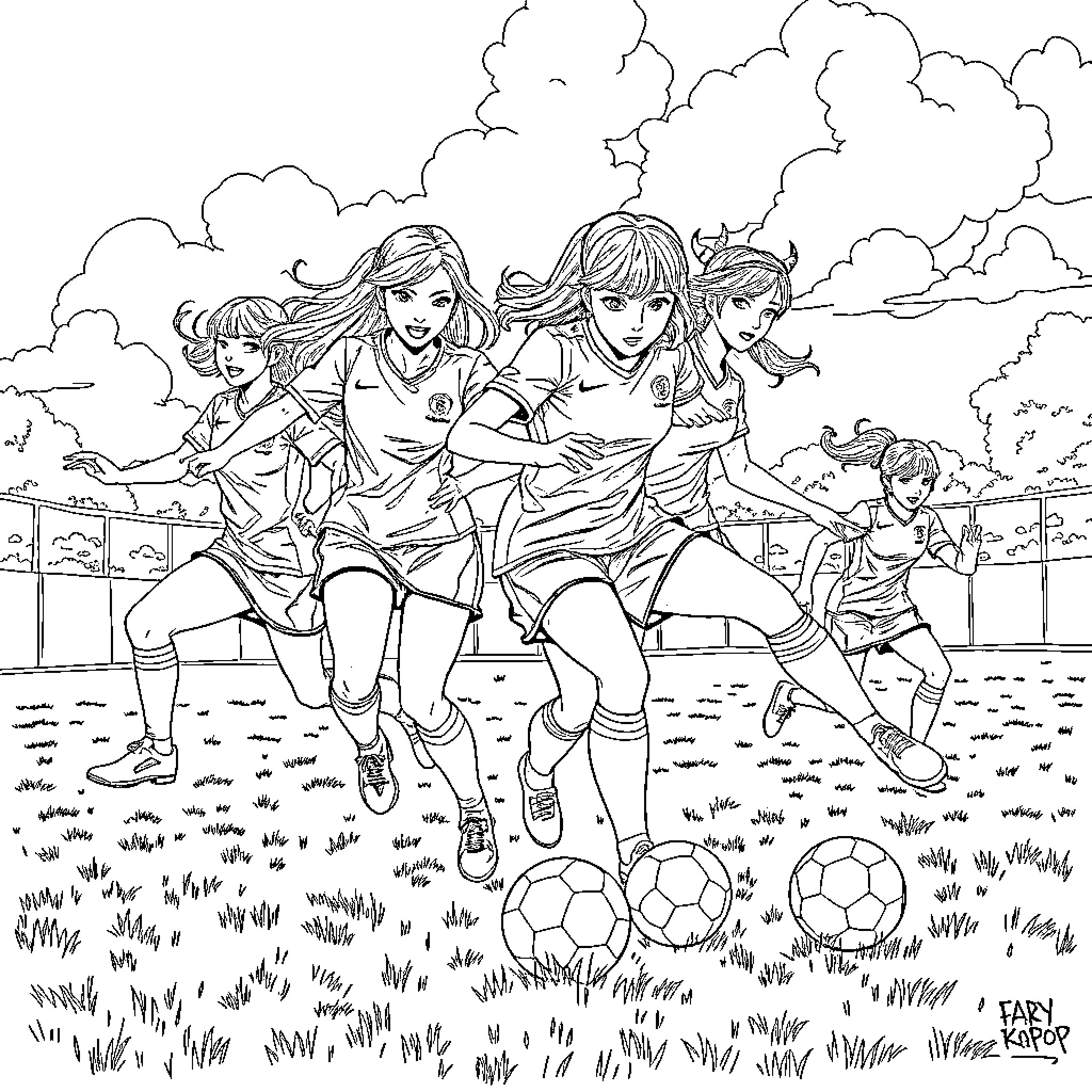 K Pop Warrior Girls Soccer Team in Action Coloring Page (free black-and-white line drawing printable PDF for all, from beginners to advanced learners, including children, teens, adults, and seniors)