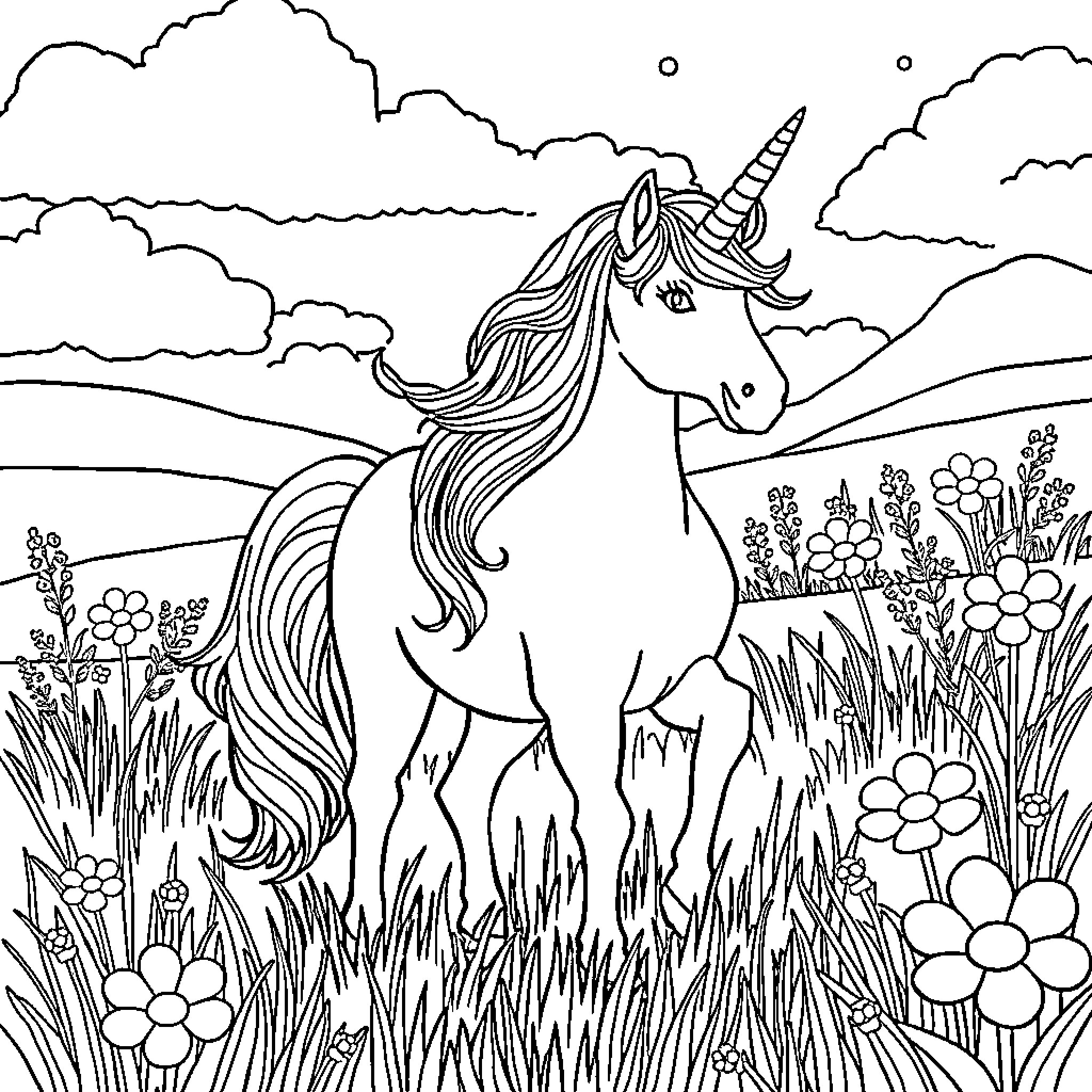 Unicorn standing amidst flowers and clouds Coloring Page (free black-and-white line drawing printable PDF for all, from beginners to advanced learners, including children, teens, adults, and seniors)