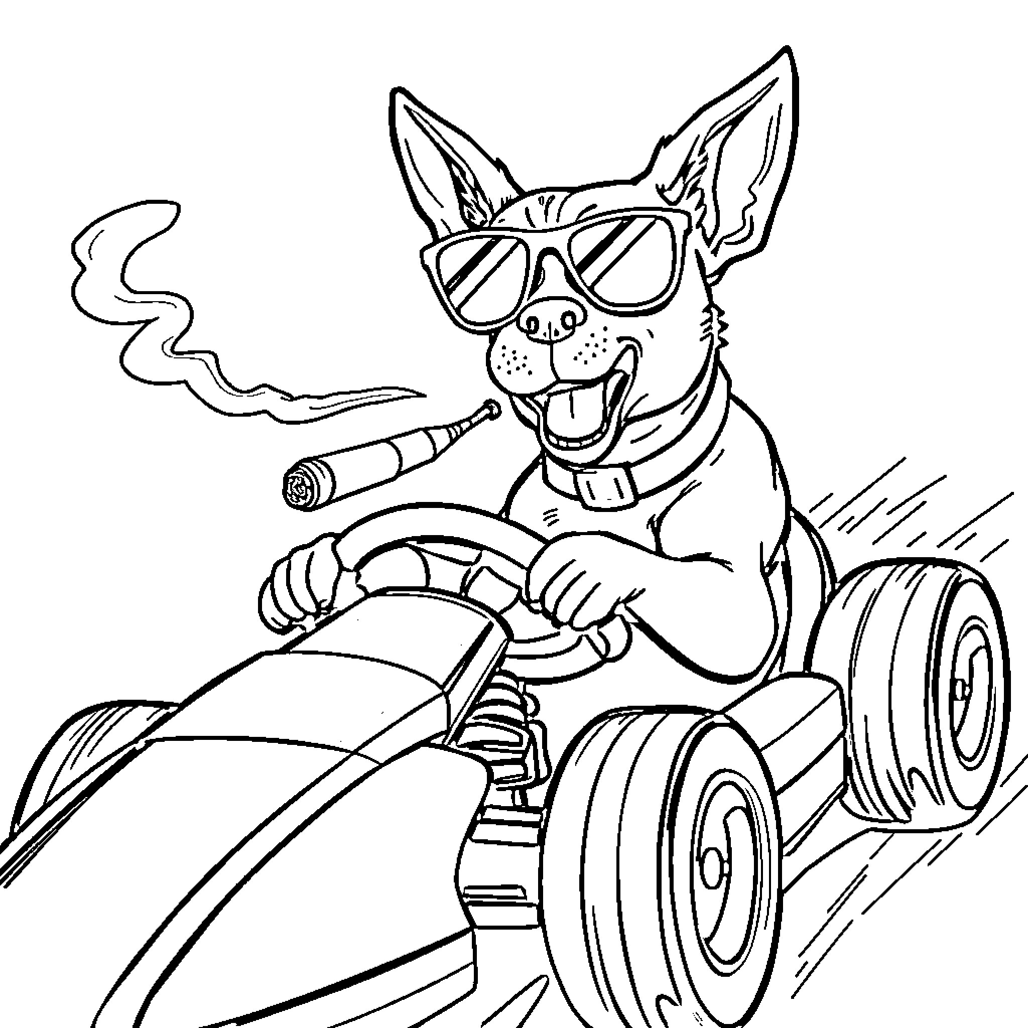 Dog riding a cool ATV with sunglasses Coloring Page (free black-and-white line drawing printable PDF for all, from beginners to advanced learners, including children, teens, adults, and seniors)