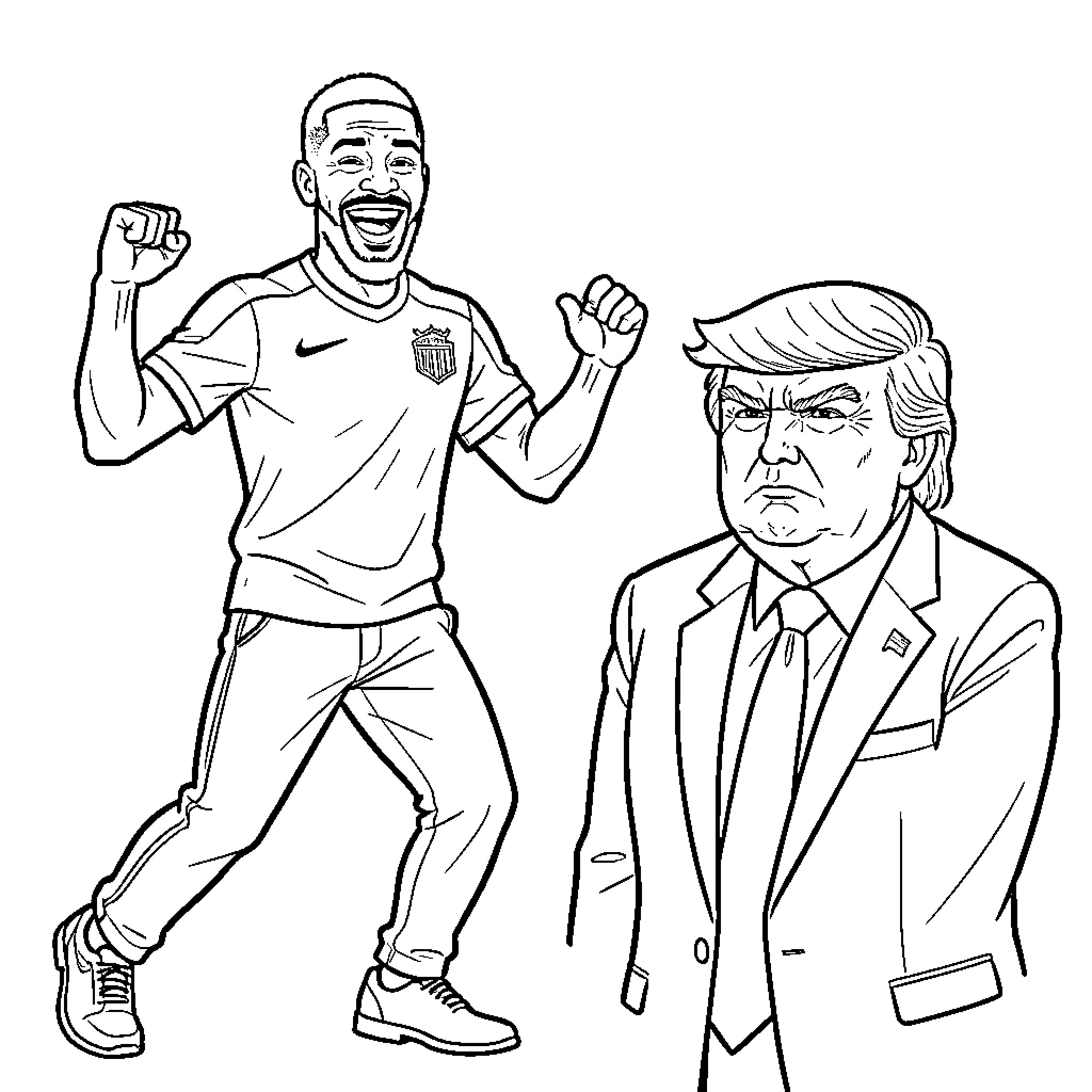 Romelu Lukaku celebrating joyfully next to a serious man Coloring Page (free black-and-white line drawing printable PDF for all, from beginners to advanced learners, including children, teens, adults, and seniors)