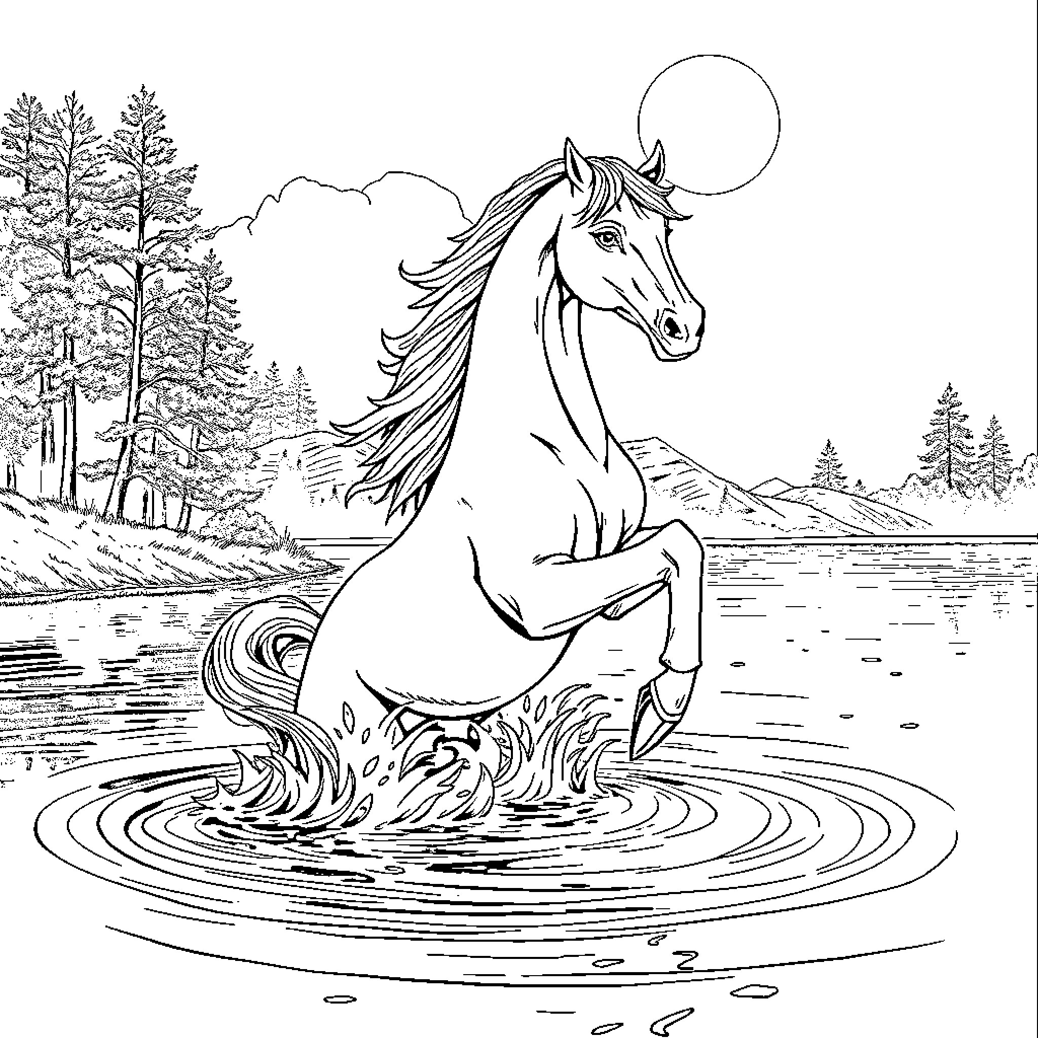 Kelpie leaping through water against mountain landscape Coloring Page (free black-and-white line drawing printable PDF for all, from beginners to advanced learners, including children, teens, adults, and seniors)