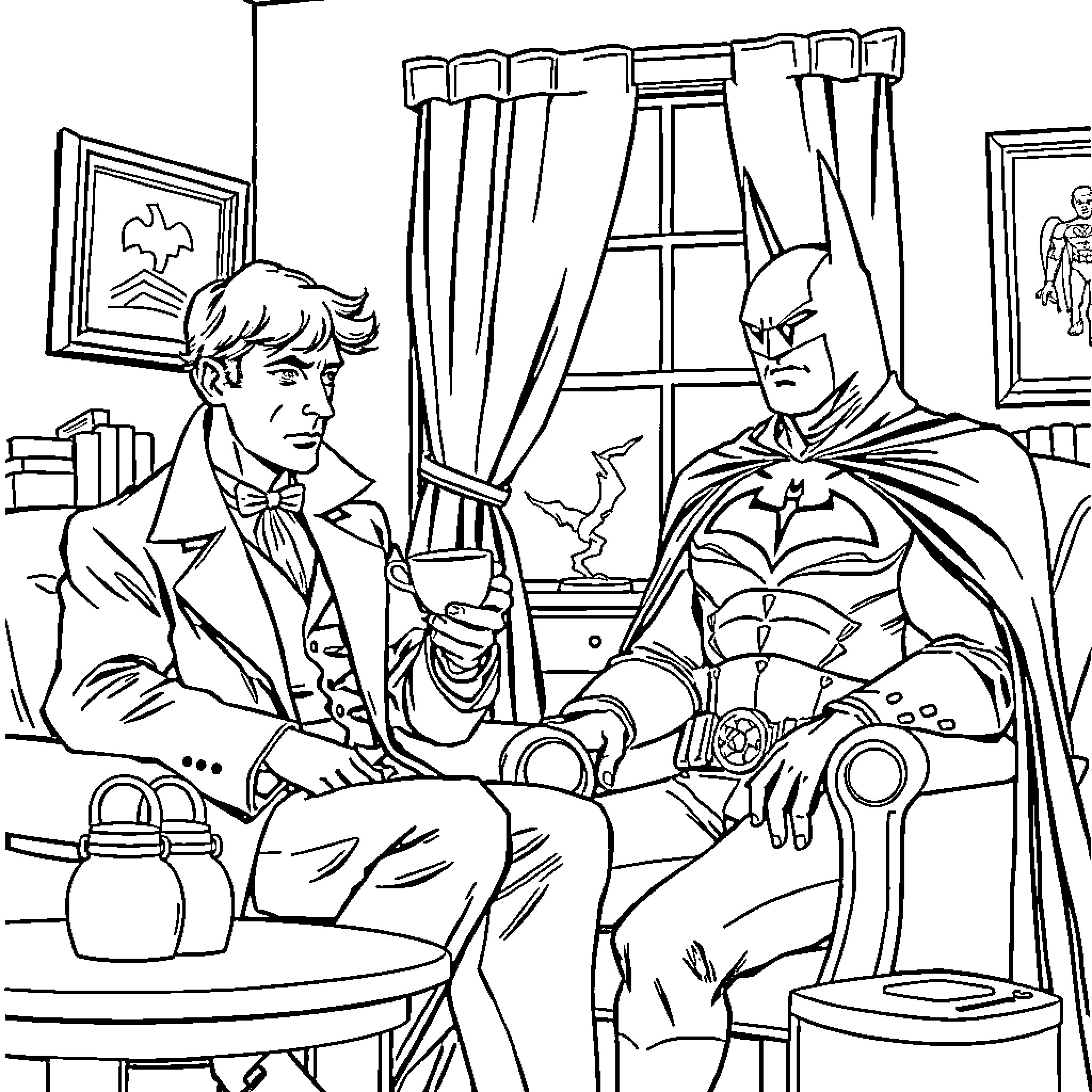 Sherlock Holmes and Batman in Unusual Meeting Coloring Page (free black-and-white line drawing printable PDF for all, from beginners to advanced learners, including children, teens, adults, and seniors)