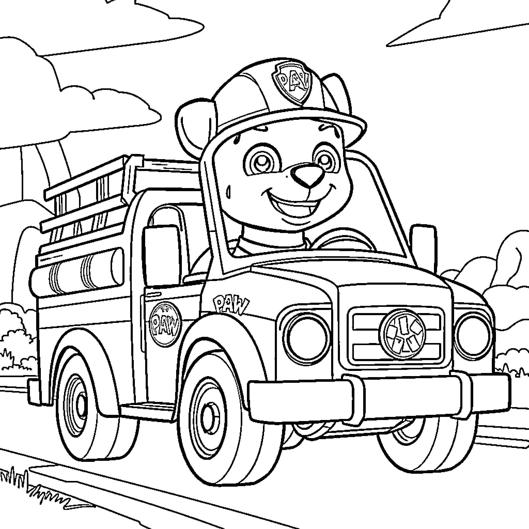 Paw Patrol pup driving a fire truck Coloring Page (free black-and-white line drawing printable PDF for all, from beginners to advanced learners, including children, teens, adults, and seniors)