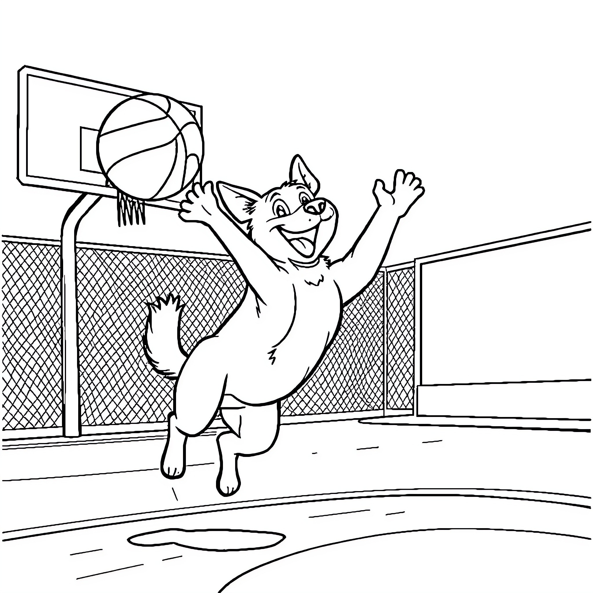 Dog playing energetically on basketball court Coloring Page (free black-and-white line drawing printable PDF for all, from beginners to advanced learners, including children, teens, adults, and seniors)
