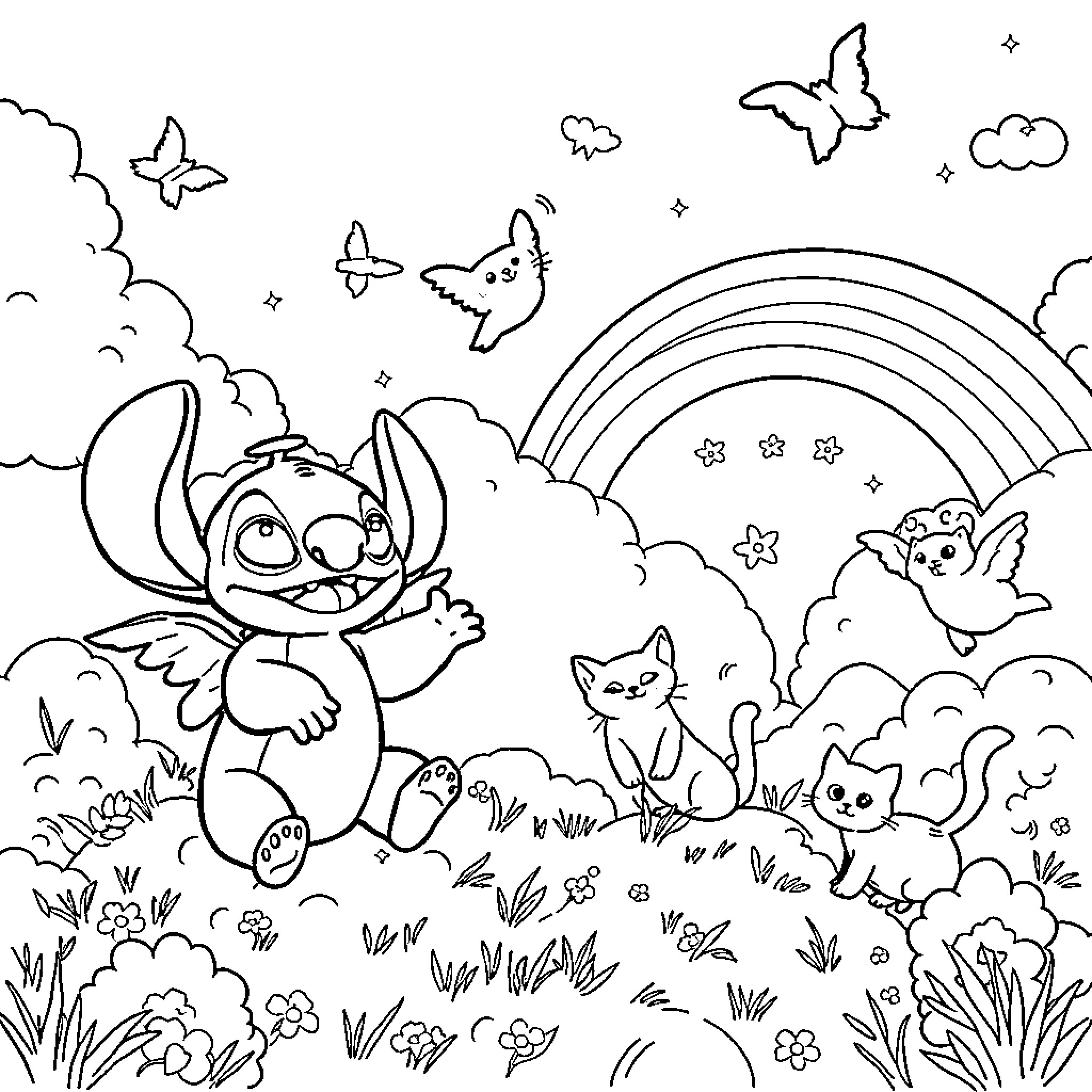 Stitch playing with woodland creatures in a whimsical scene Coloring Page (free black-and-white line drawing printable PDF for all, from beginners to advanced learners, including children, teens, adults, and seniors)
