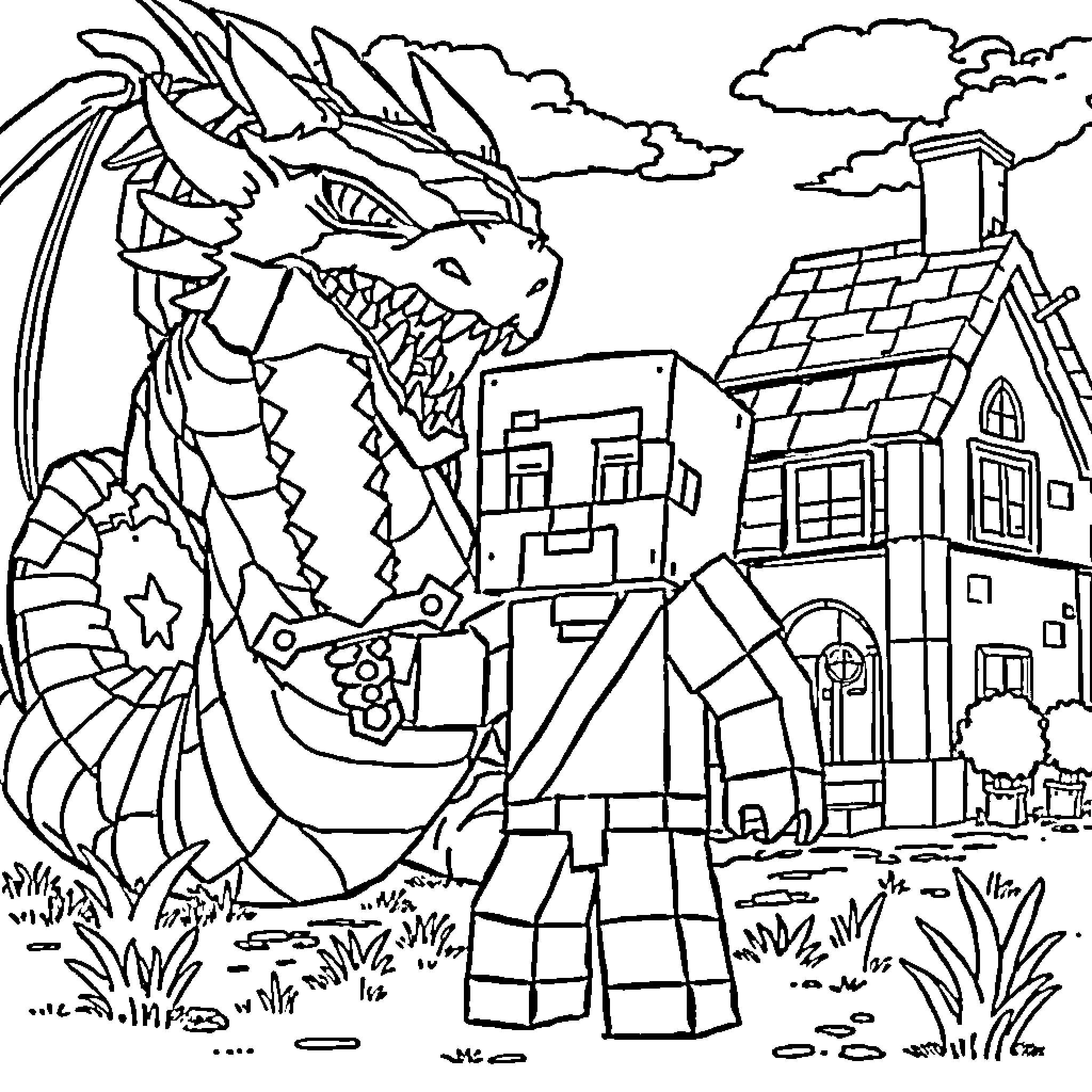 Minecraft Character Battling a Fierce Dragon in a Fantastical Village Coloring Page (free black-and-white line drawing printable PDF for all, from beginners to advanced learners, including children, teens, adults, and seniors)