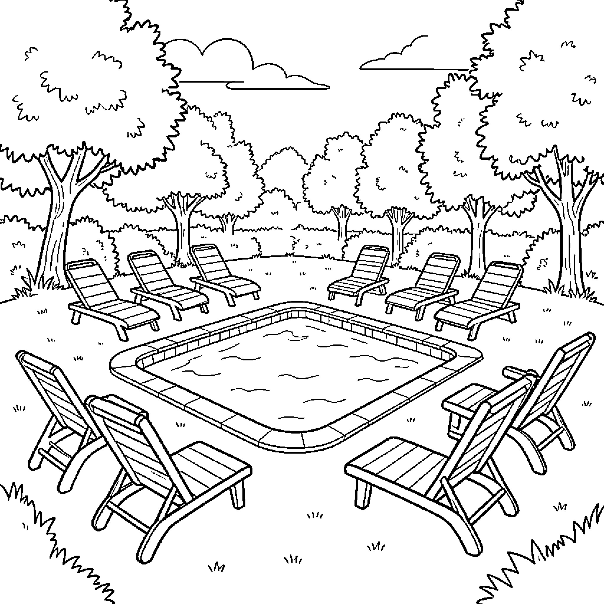 Minette relaxing by a peaceful outdoor swimming pool Coloring Page (free black-and-white line drawing printable PDF for all, from beginners to advanced learners, including children, teens, adults, and seniors)