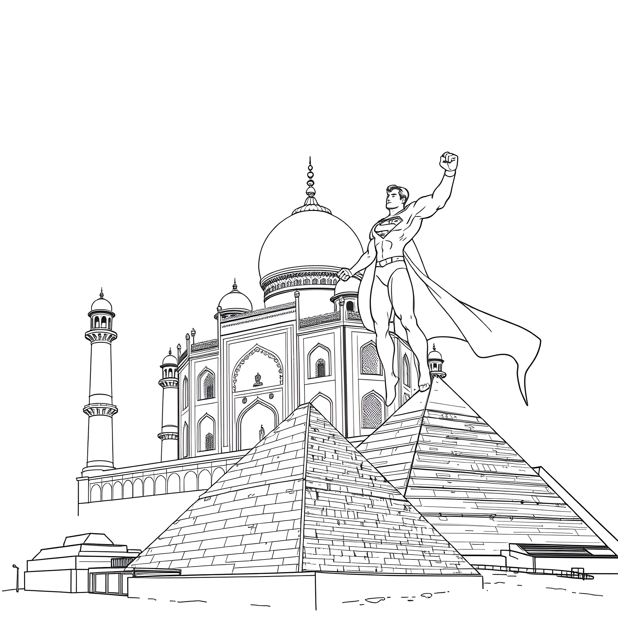 Superman protects the iconic Taj Mahal landmark Coloring Page (free black-and-white line drawing printable PDF for all, from beginners to advanced learners, including children, teens, adults, and seniors)