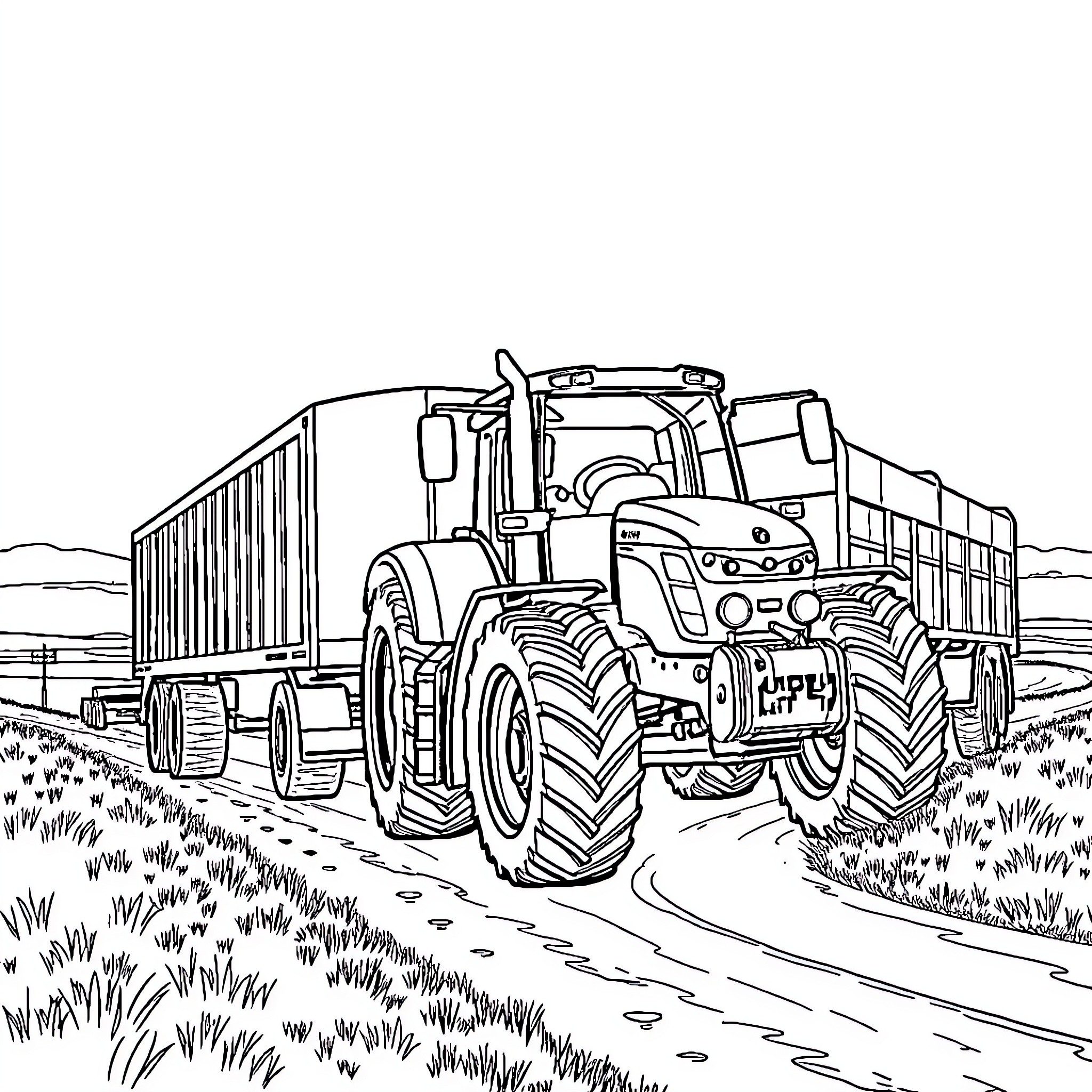 Tractor hauling agricultural equipment in rural landscape Coloring Page (free black-and-white line drawing printable PDF for all, from beginners to advanced learners, including children, teens, adults, and seniors)