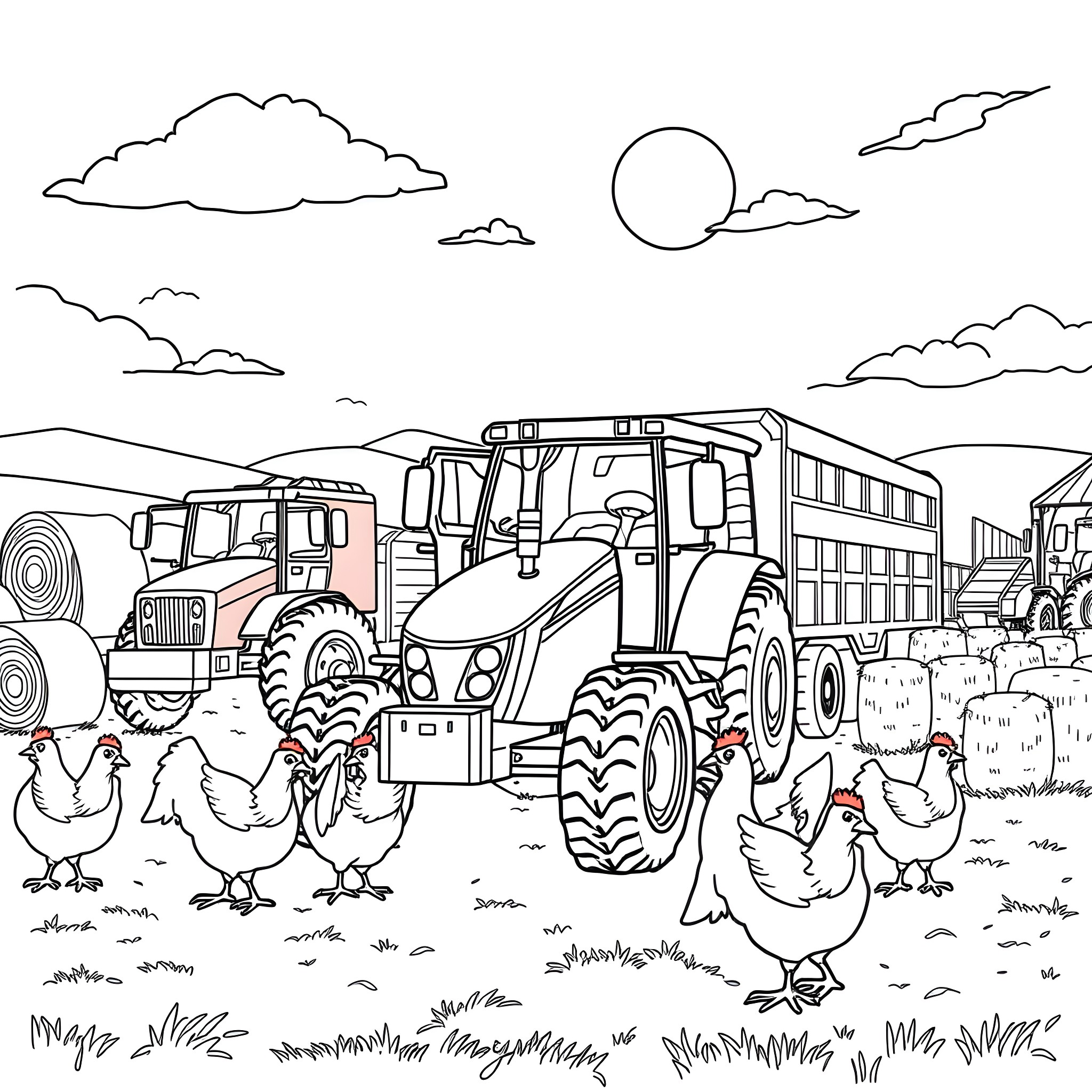 Chicken Farming Scene with Tractor and Machinery Coloring Page (free black-and-white line drawing printable PDF for all, from beginners to advanced learners, including children, teens, adults, and seniors)