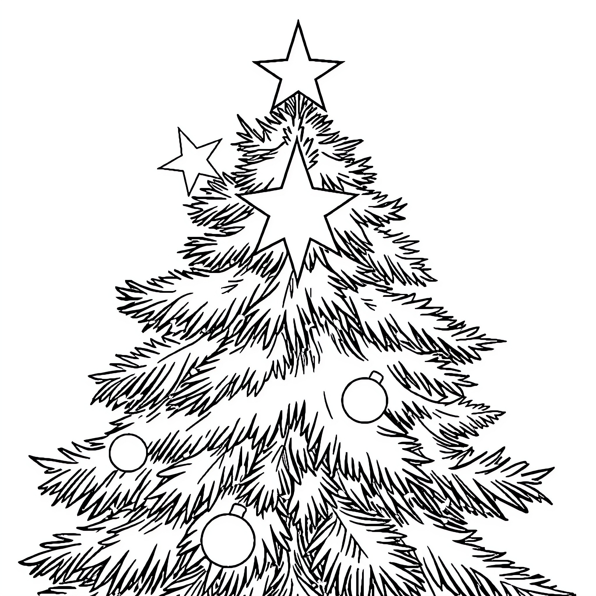 Christmas Tree with Elegant Ornaments and Stars Coloring Page (free black-and-white line drawing printable PDF for all, from beginners to advanced learners, including children, teens, adults, and seniors)