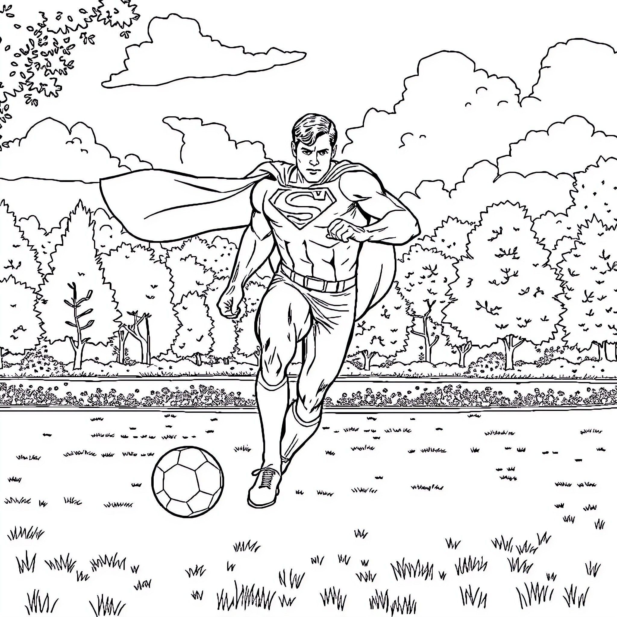 Superman playing soccer in the countryside Coloring Page (free black-and-white line drawing printable PDF for all, from beginners to advanced learners, including children, teens, adults, and seniors)