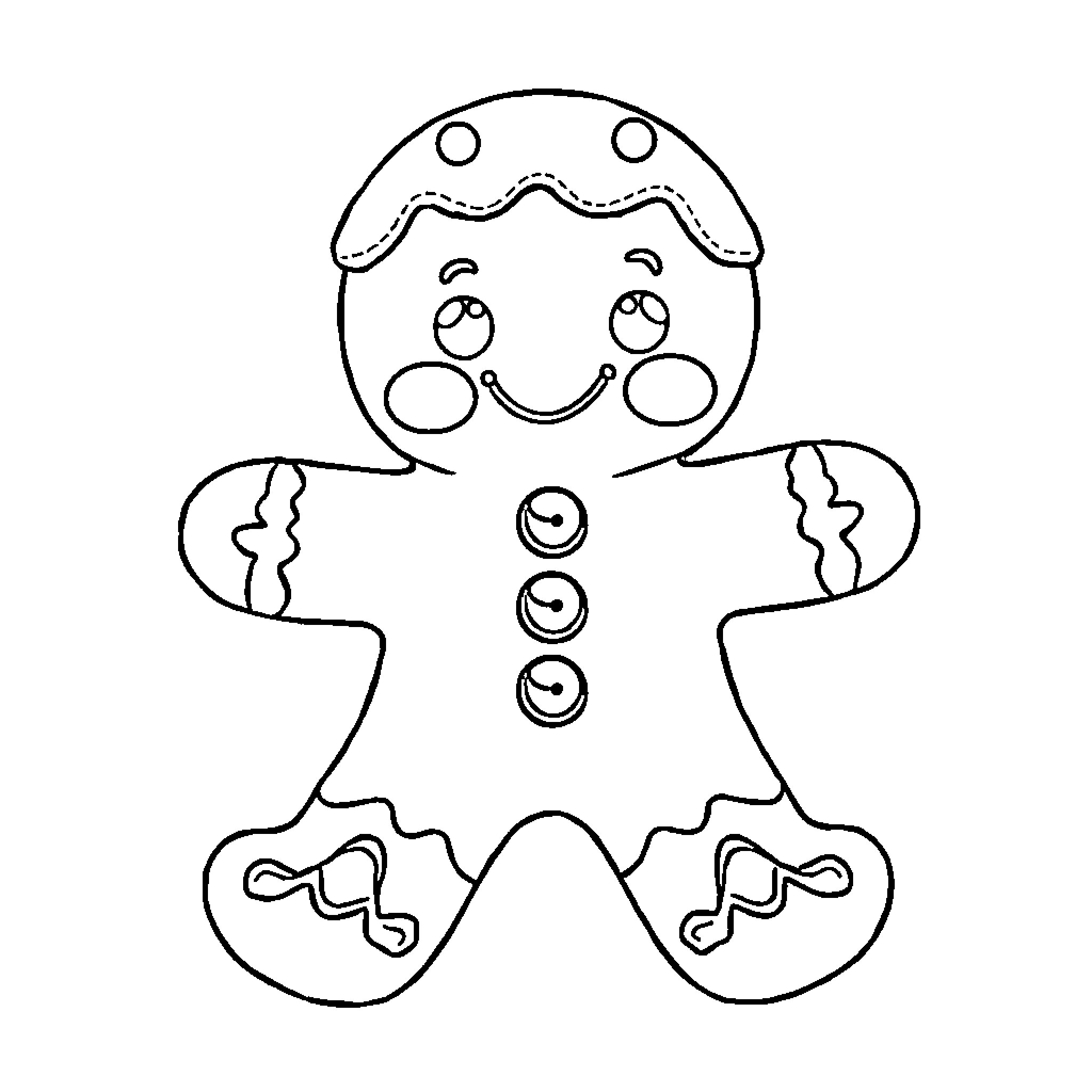 Gingerbread Man baking with a happy expression Coloring Page (free black-and-white line drawing printable PDF for all, from beginners to advanced learners, including children, teens, adults, and seniors)