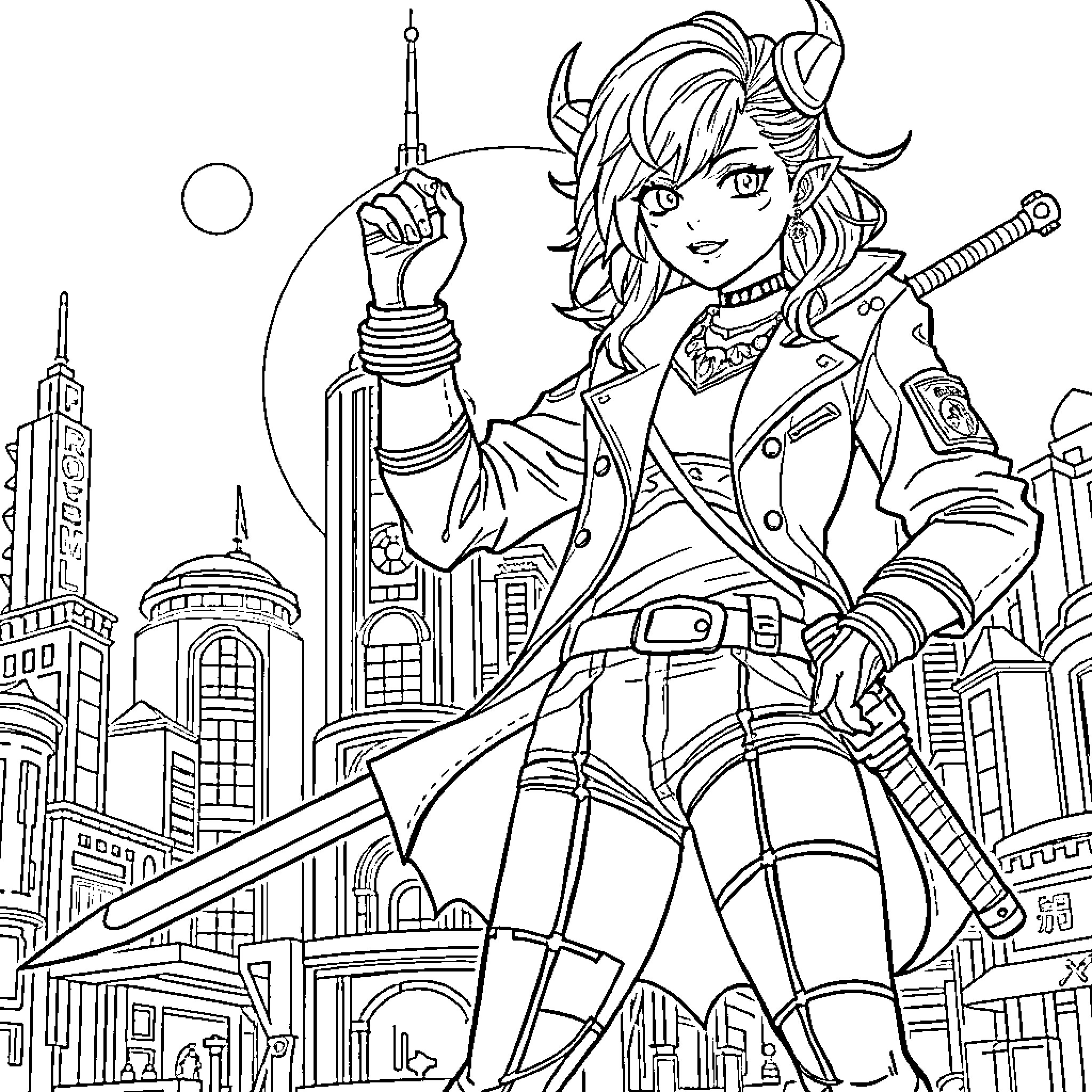 Demon Hunter Battles Darkness in Futuristic City Coloring Page (free black-and-white line drawing printable PDF for all, from beginners to advanced learners, including children, teens, adults, and seniors)