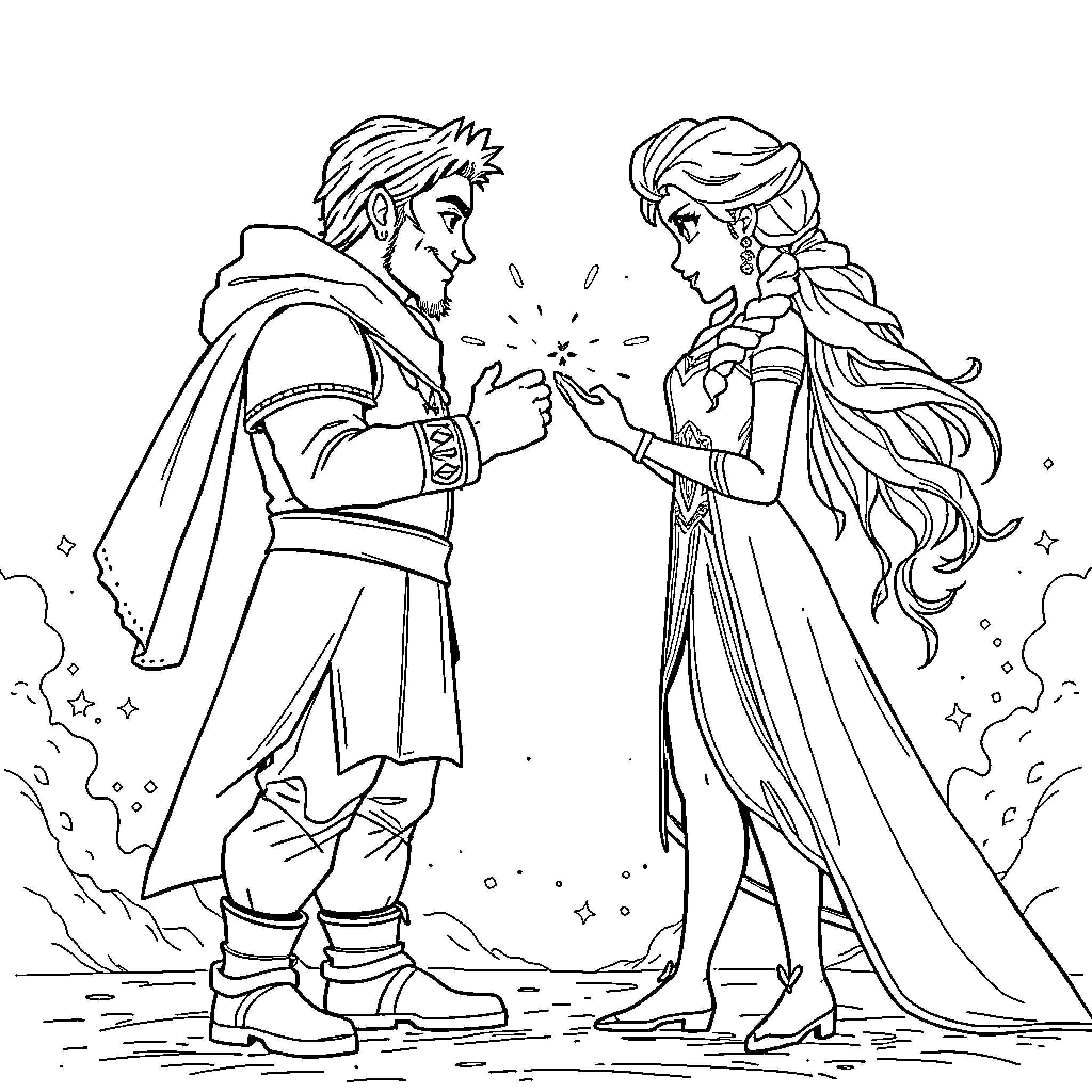 Rumi in an animated fantasy scene with princess Coloring Page (free black-and-white line drawing printable PDF for all, from beginners to advanced learners, including children, teens, adults, and seniors)